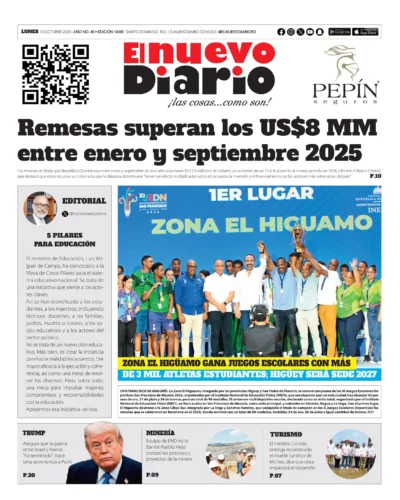 Portada Periódico El Nuevo Diario, Lunes 13, Octubre, 2025