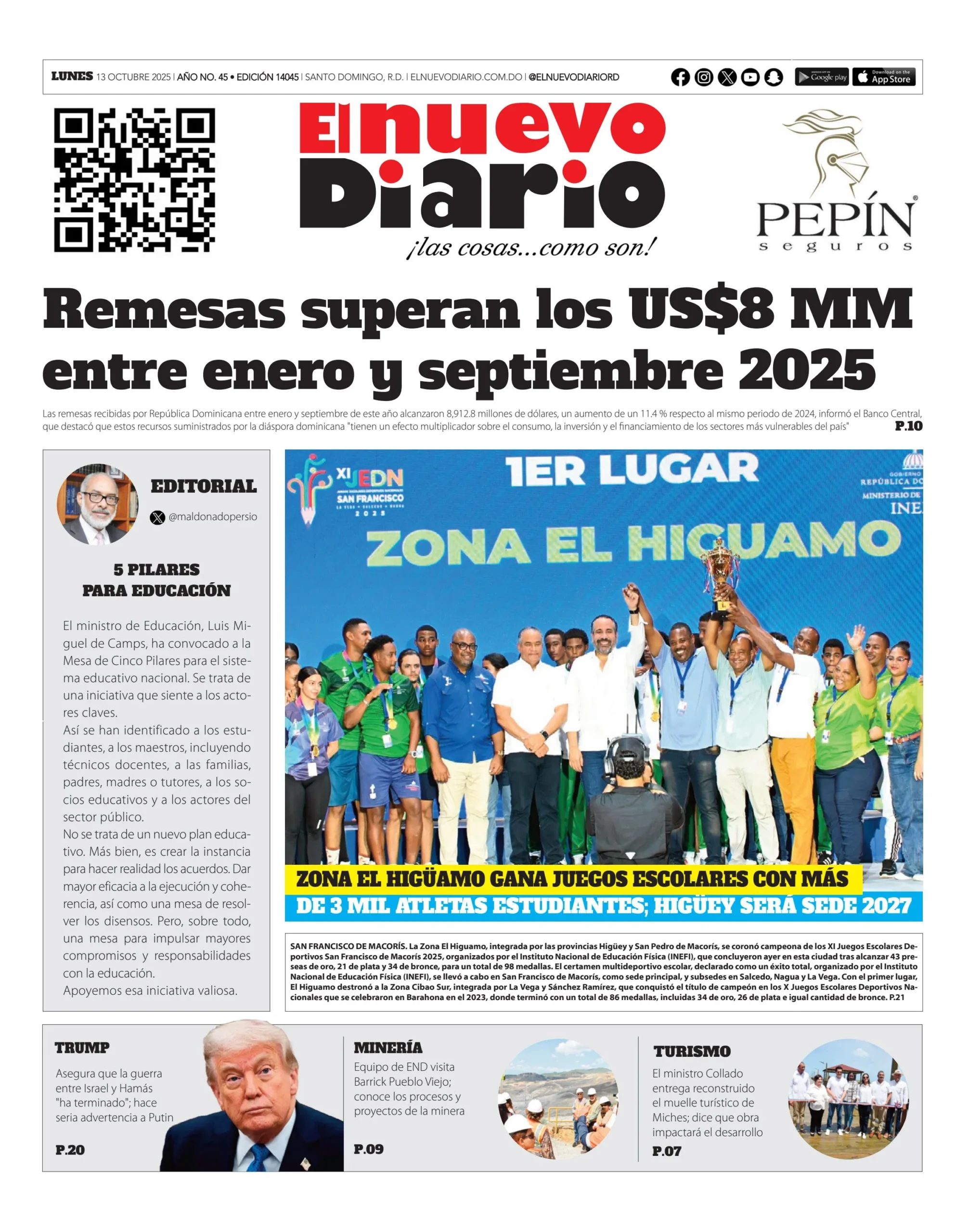 Portada Periódico El Nuevo Diario, Lunes 13, Octubre, 2025