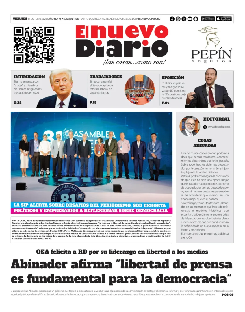 Portada Periódico El Nuevo Diario, Viernes 17, Octubre, 2025
