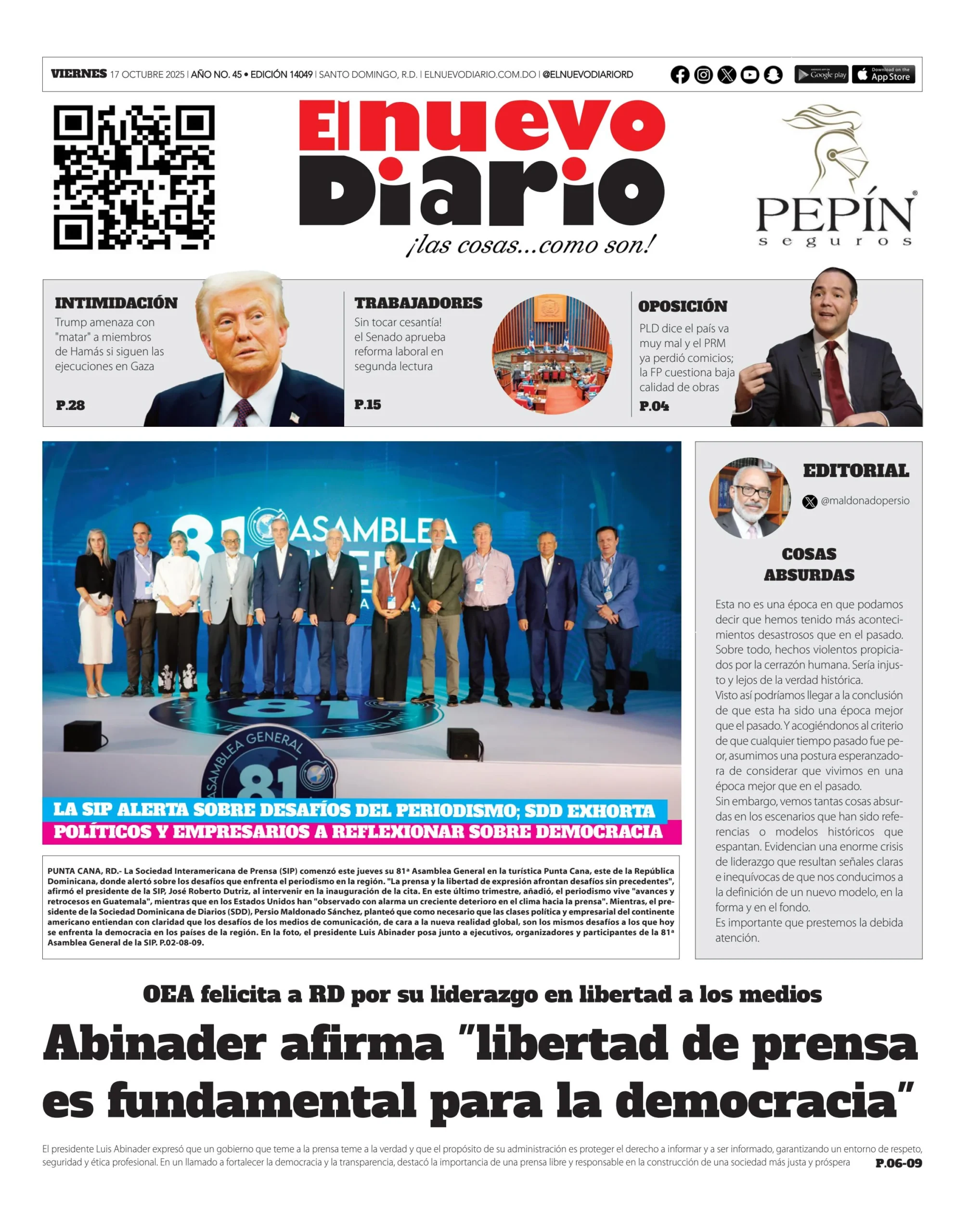 Portada Periódico El Nuevo Diario, Viernes 17, Octubre, 2025 Portada Periódico El Nuevo Diario, Viernes 17, Octubre, 2025