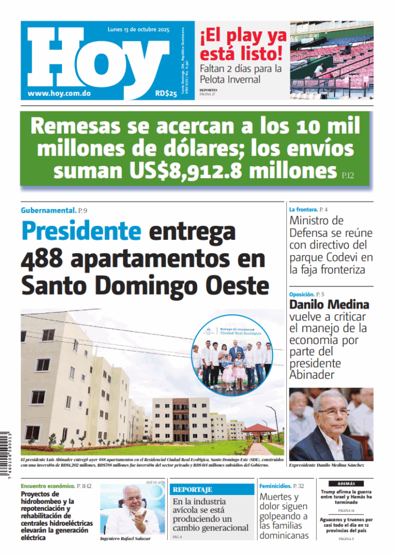 Portada Periódico Hoy, Lunes 13, Octubre, 2025 - Dominicana.do