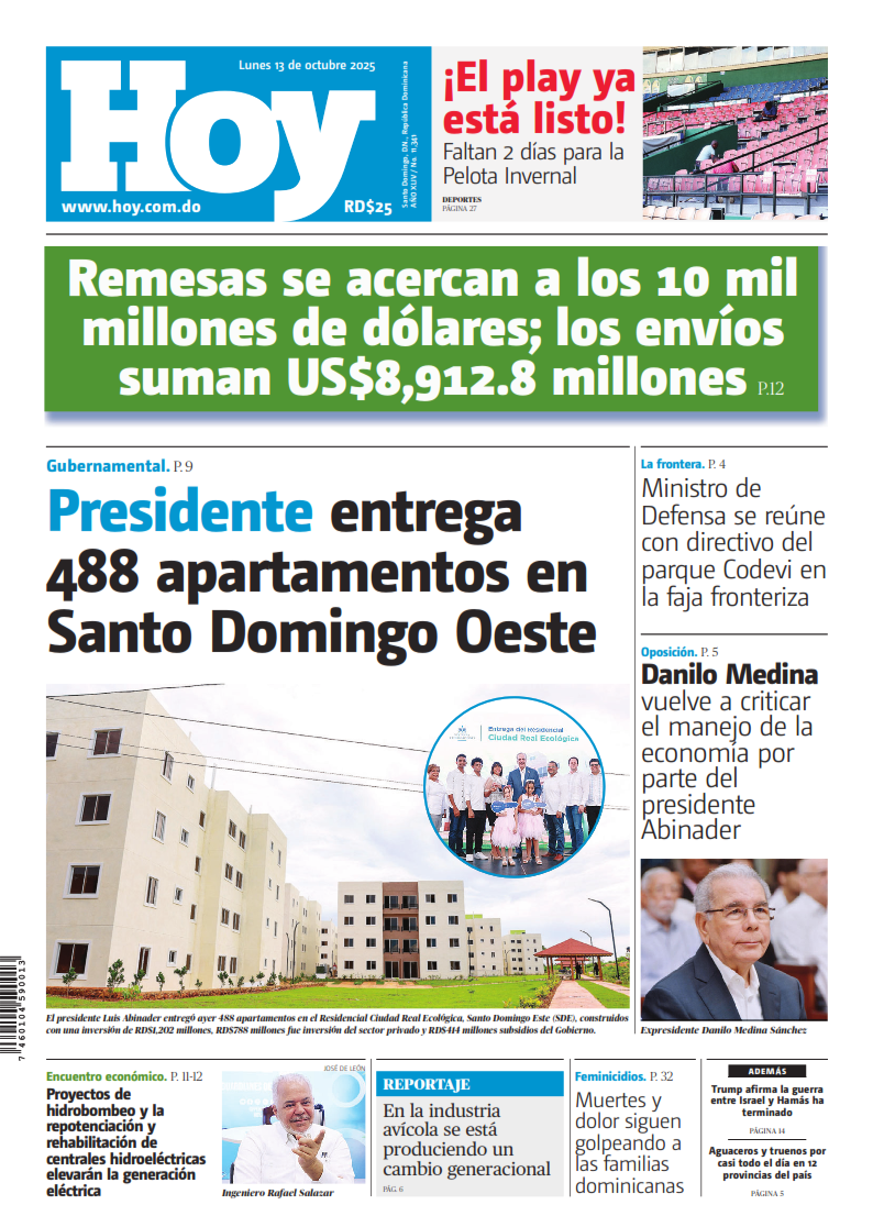 Portada Periódico Hoy, Lunes 13, Octubre, 2025