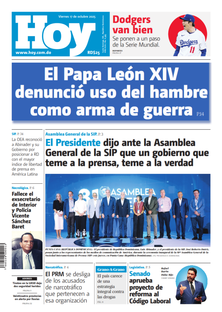 Portada Periódico Hoy, Viernes 17, Octubre, 2025