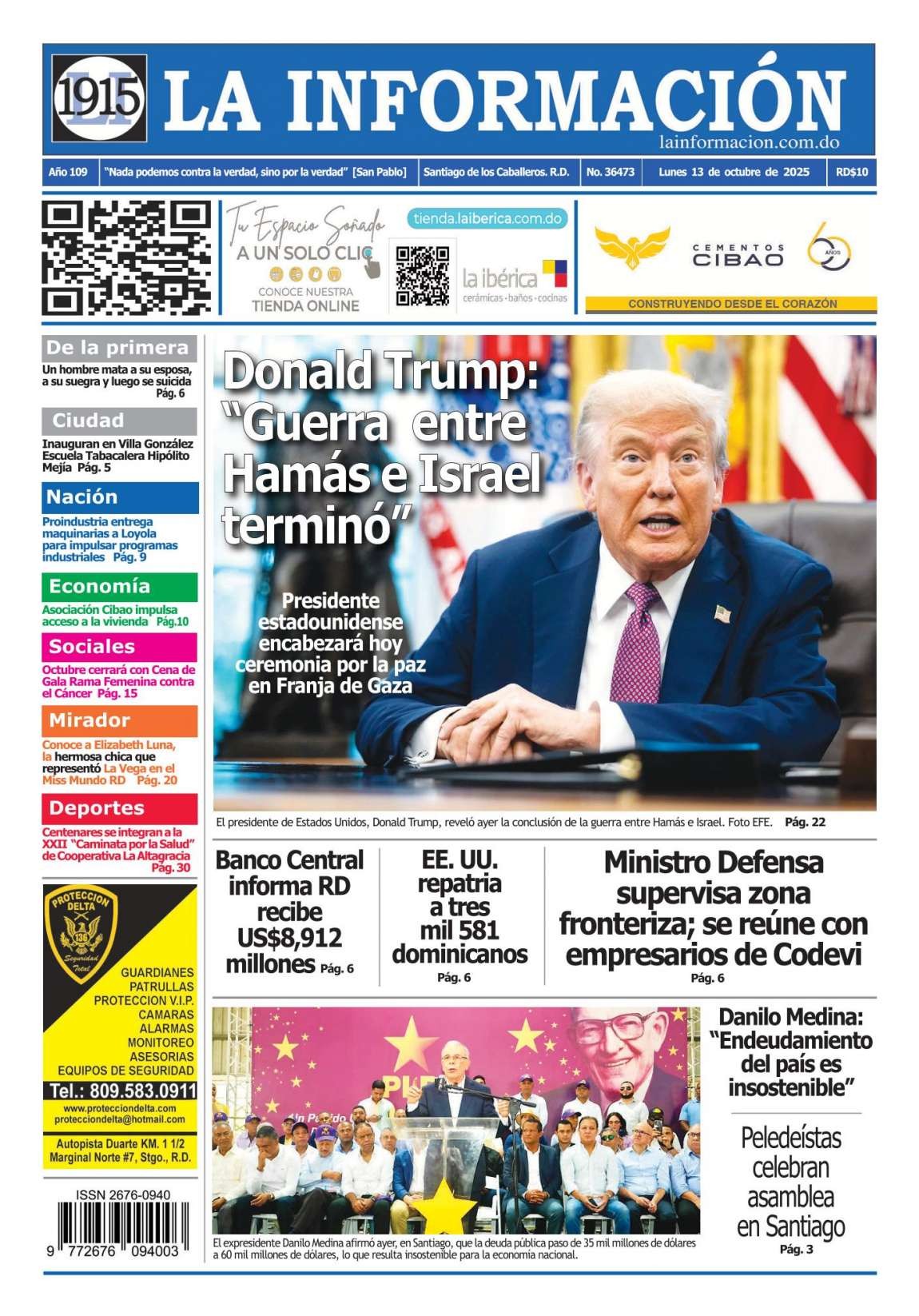 Portada Periódico La Información, Lunes 13, Octubre, 2025