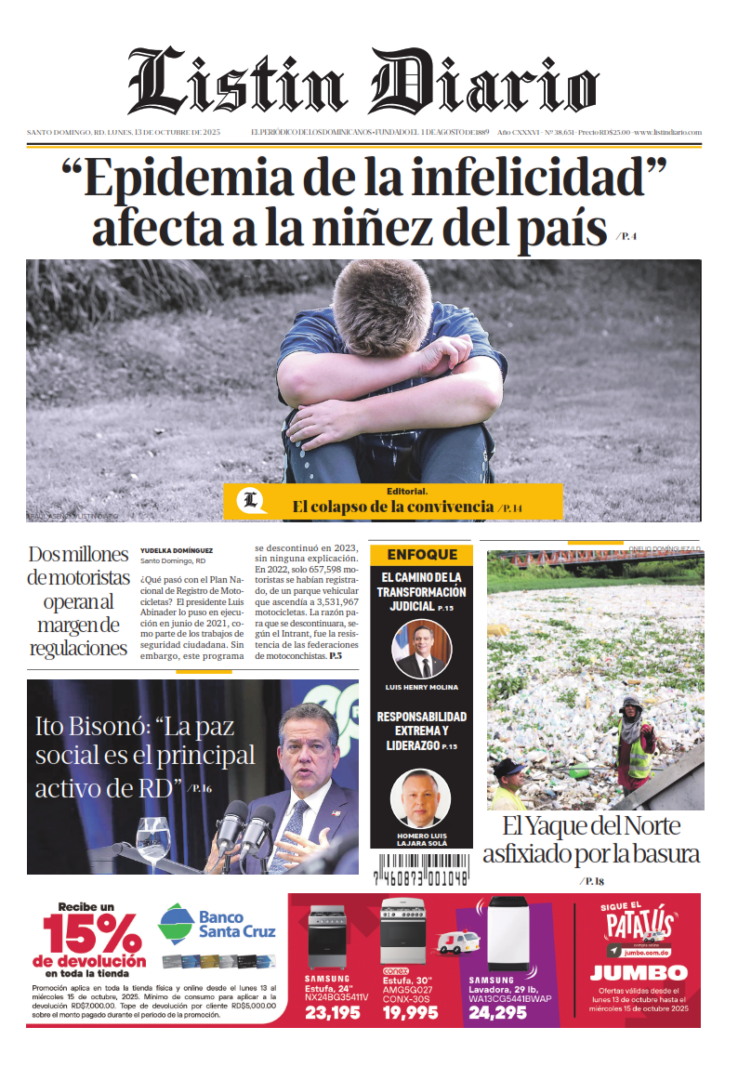 Portada Periódico Listín Diario, Lunes 13, Octubre, 2025