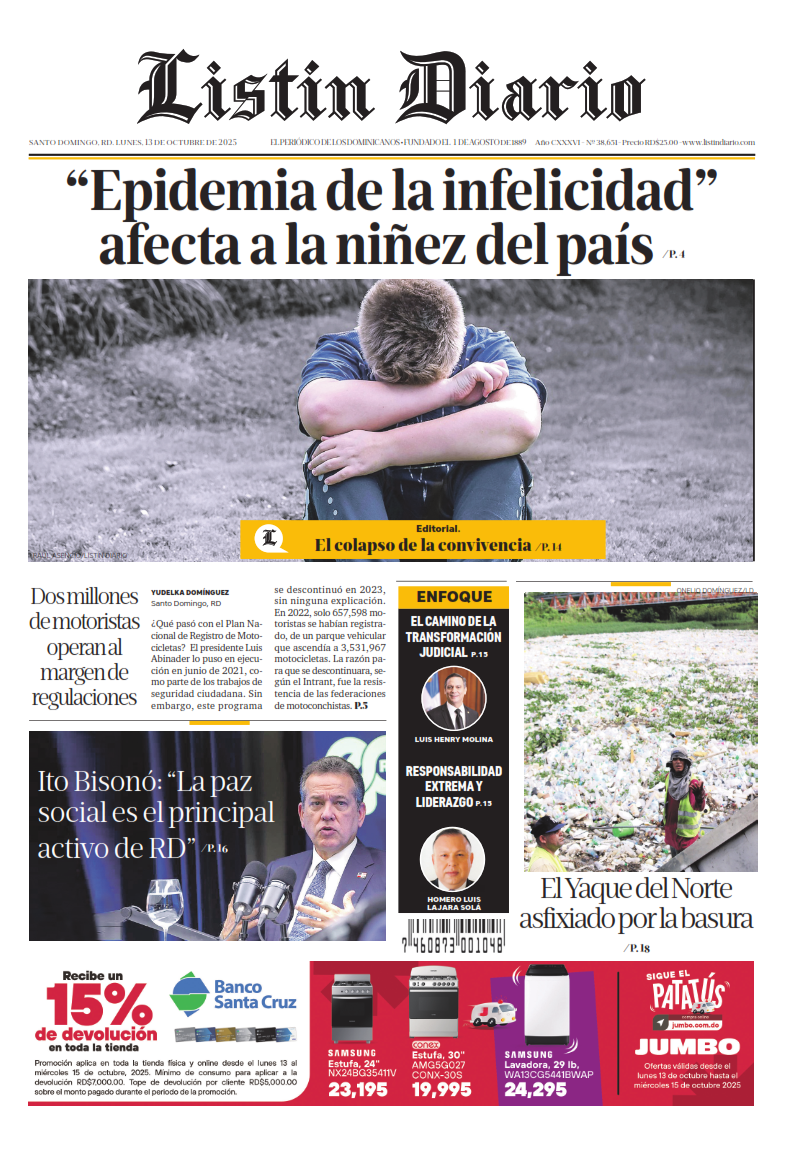 Portada Periódico Listín Diario, Lunes 13, Octubre, 2025