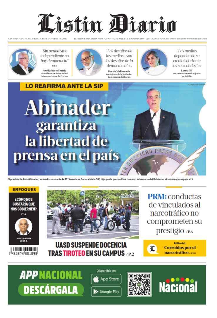 Portada Periódico Listín Diario, Viernes 17, Octubre, 2025