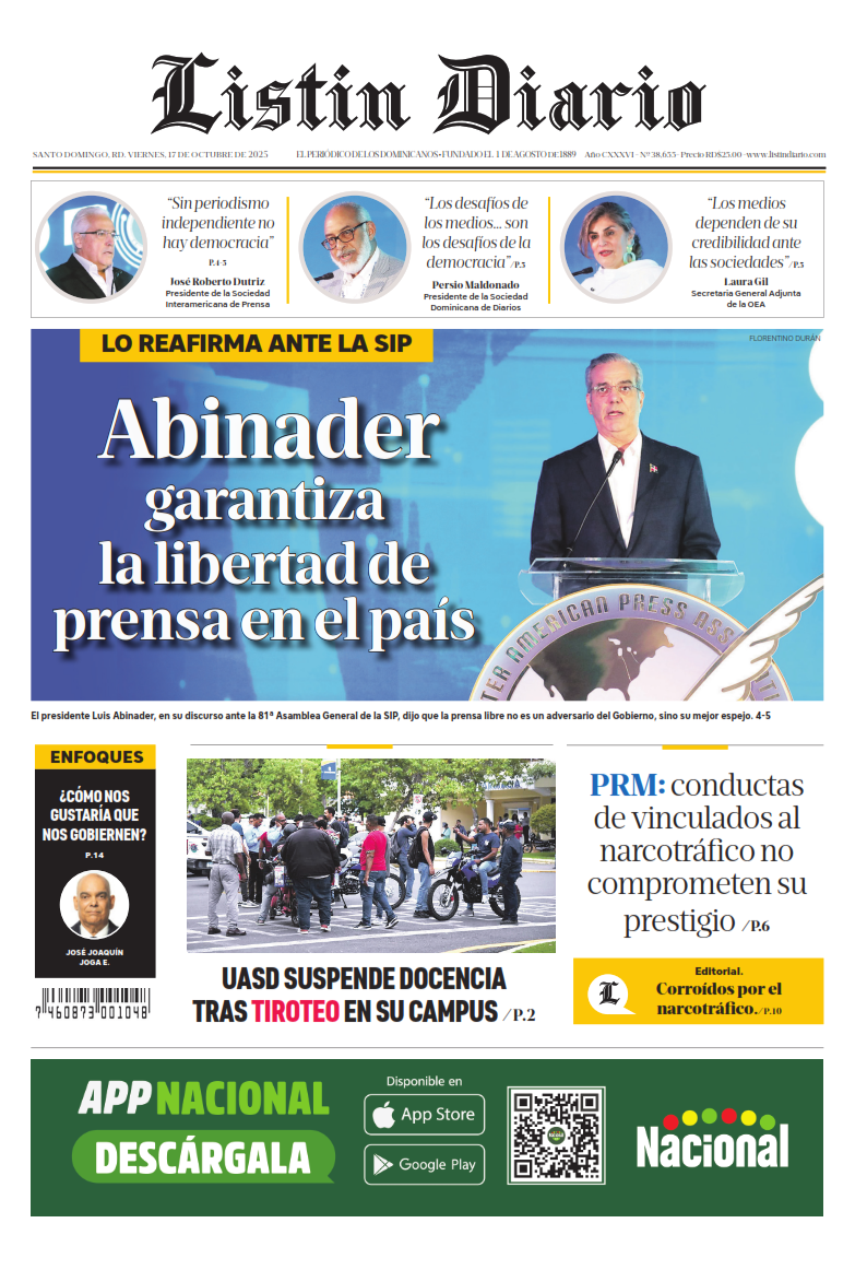 Portada Periódico Listín Diario, Viernes 17, Octubre, 2025 Portada Periódico Listín Diario, Viernes 17, Octubre, 2025