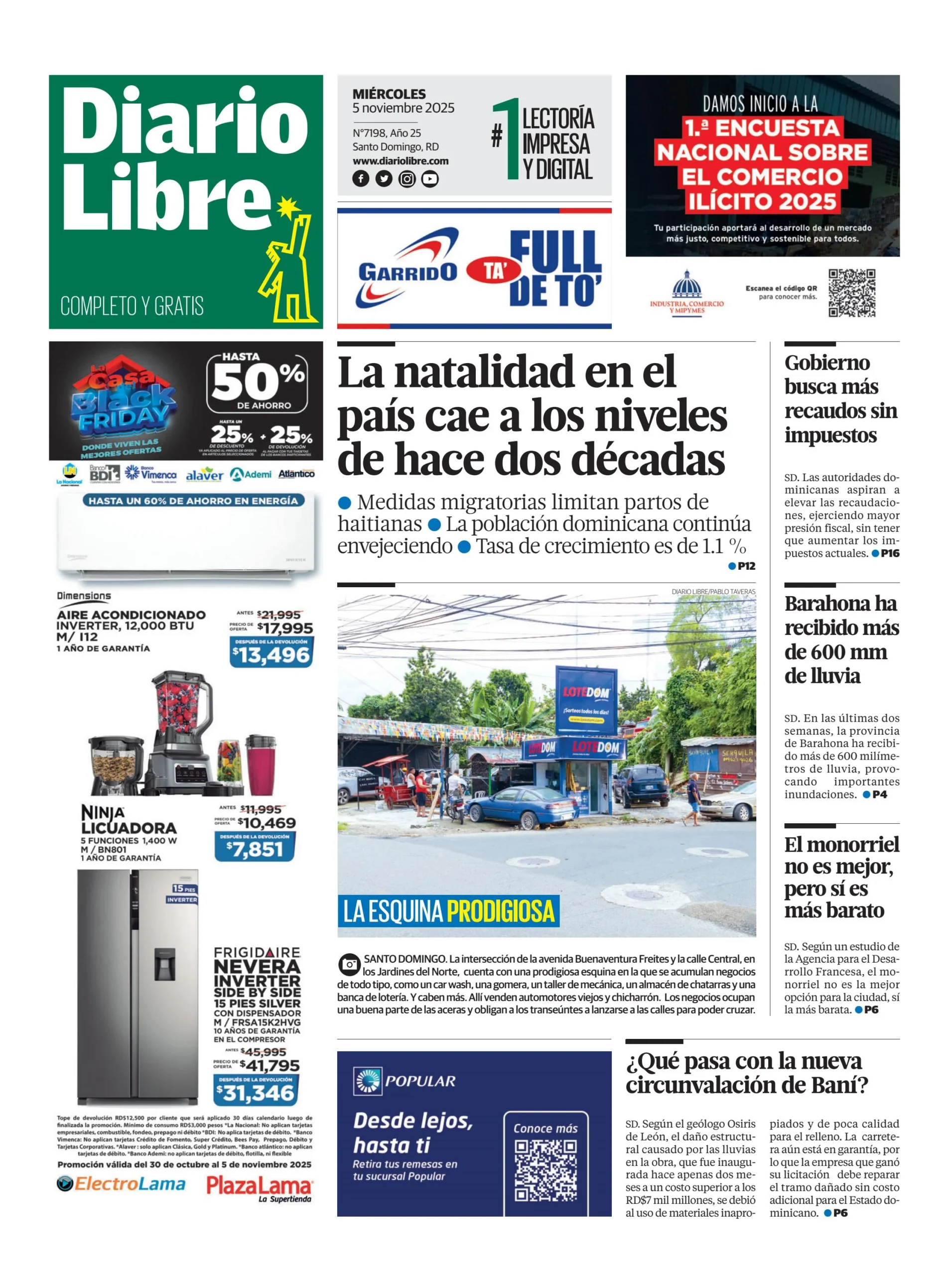 Portada Periódico Diario Libre, Miércoles 05, Noviembre, 2025