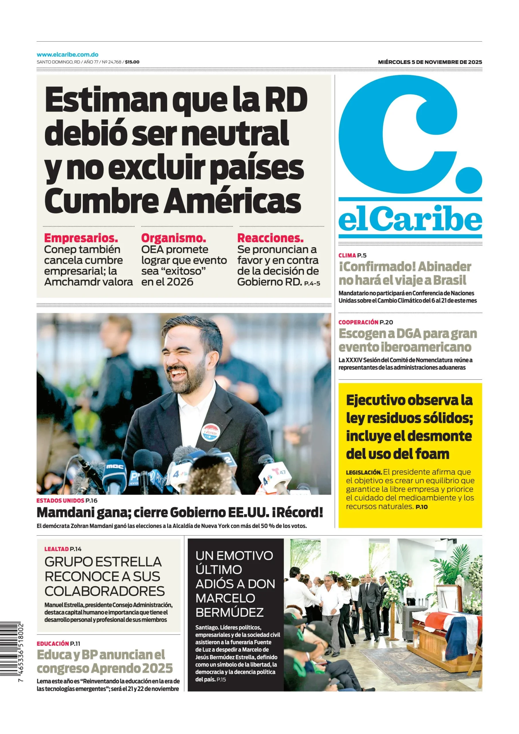 Portada Periódico El Caribe, Miércoles 05, Noviembre, 2025