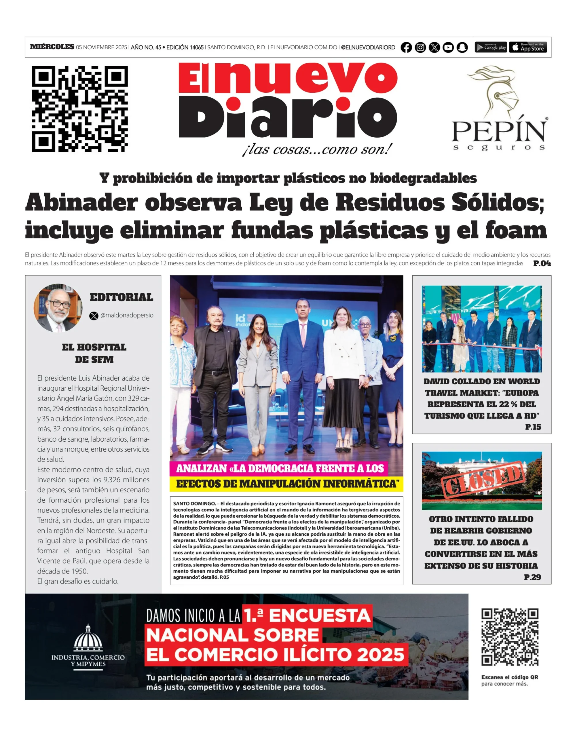 Portada Periódico El Nuevo Diario, Miércoles 05, Noviembre, 2025
