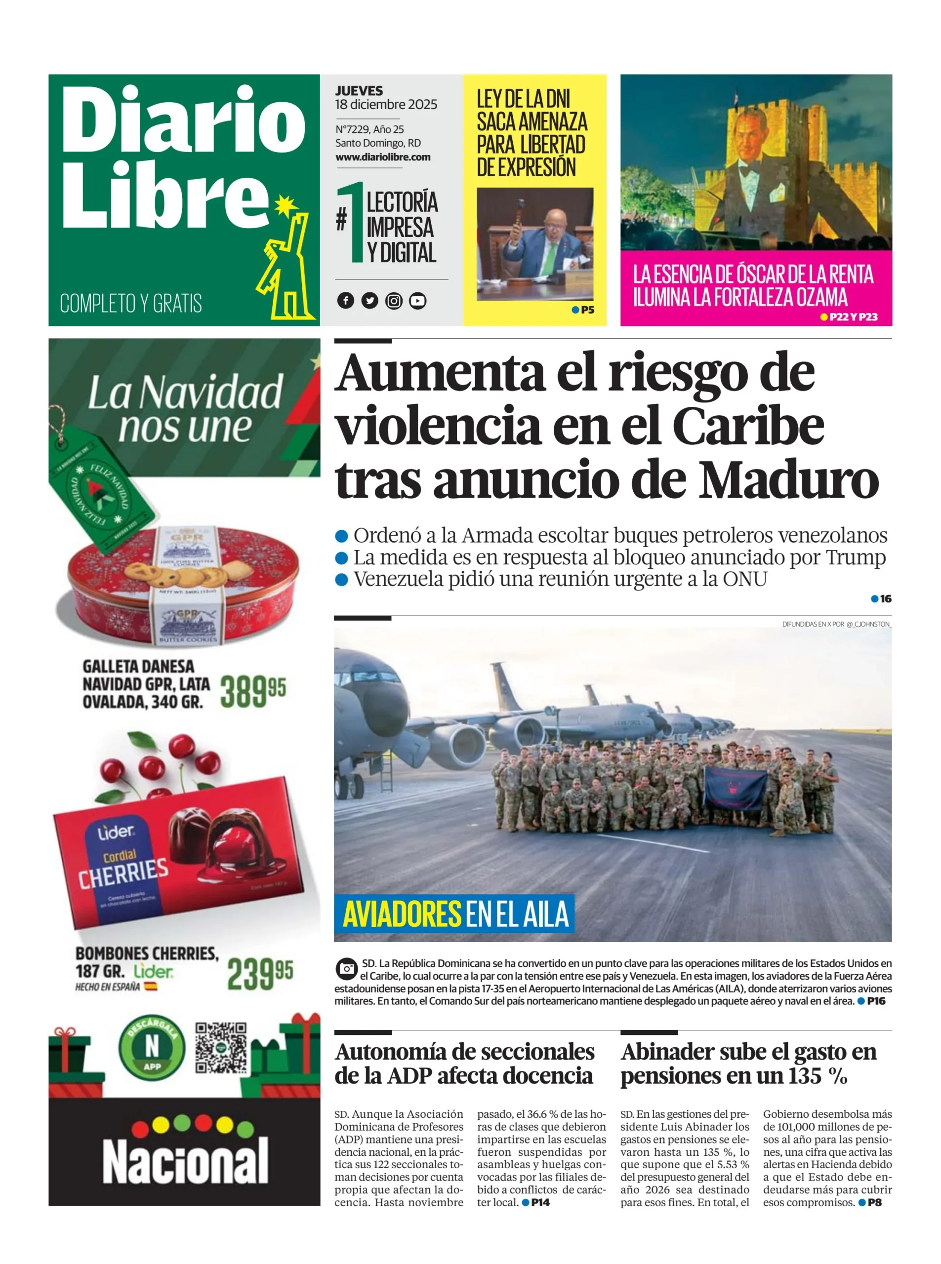 Portada Periódico Diario Libre, Jueves 18, Diciembre, 2025