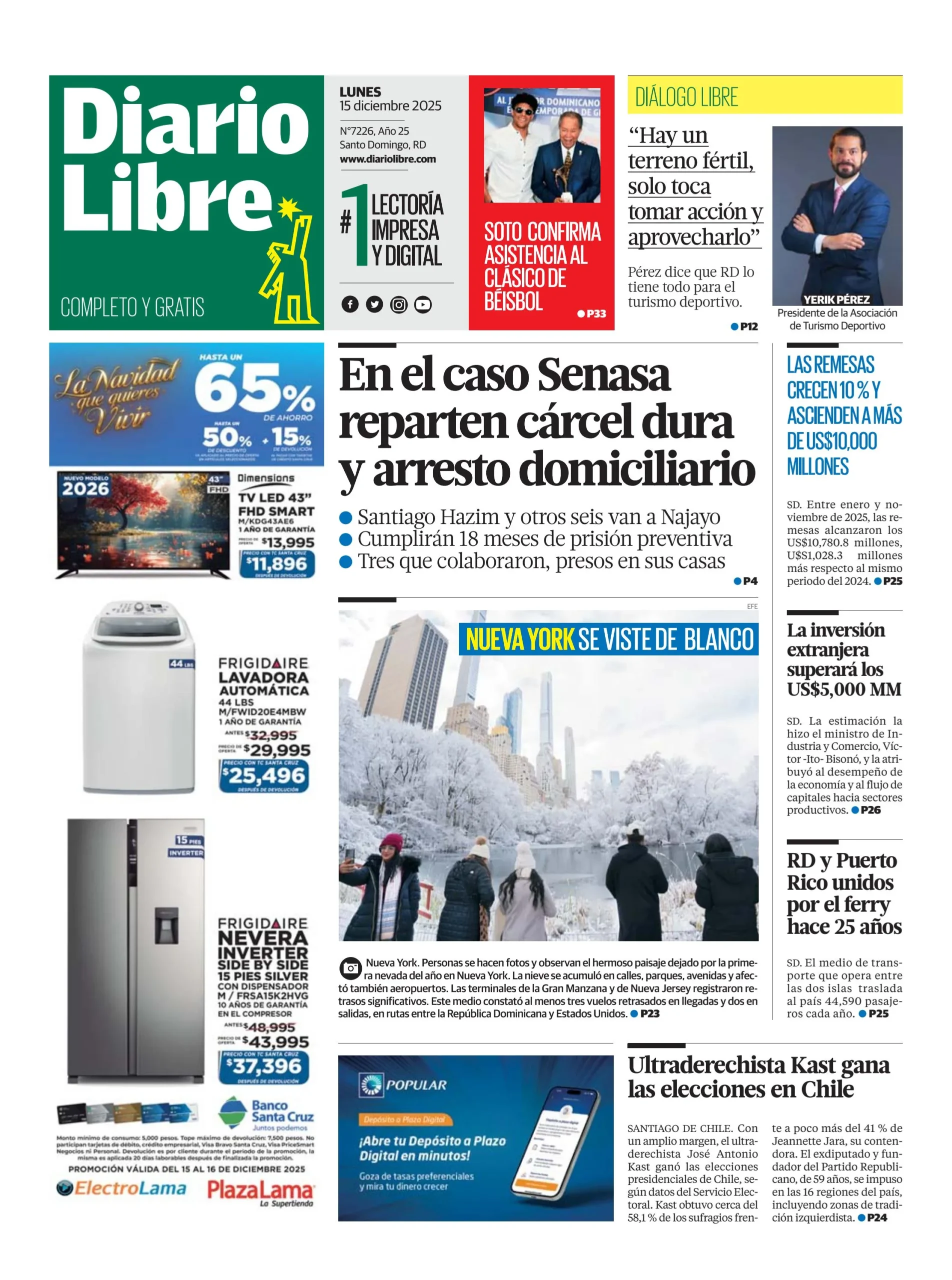 Portada Periódico Diario Libre, Lunes 15, Diciembre, 2025