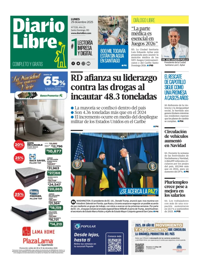 Portada Periódico Diario Libre, Lunes 29, Diciembre, 2025