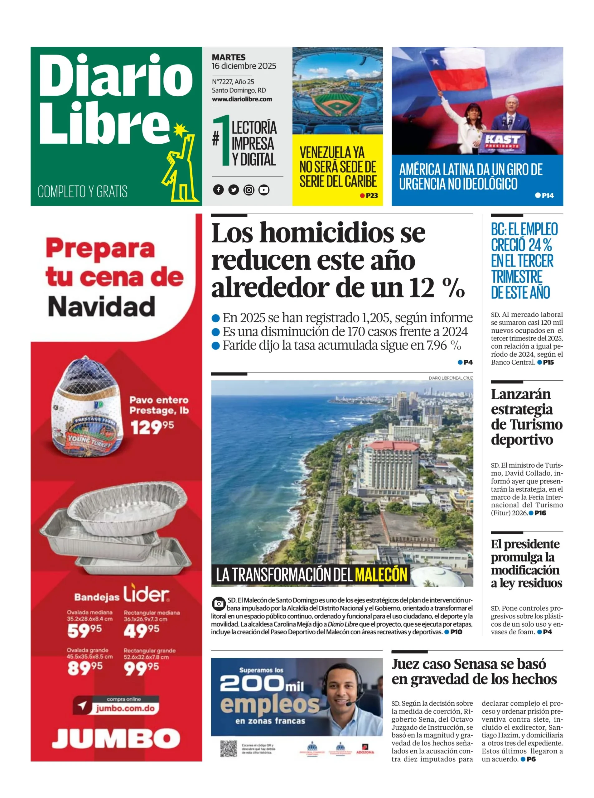 Portada Periódico Diario Libre, Martes 16, Diciembre, 2025