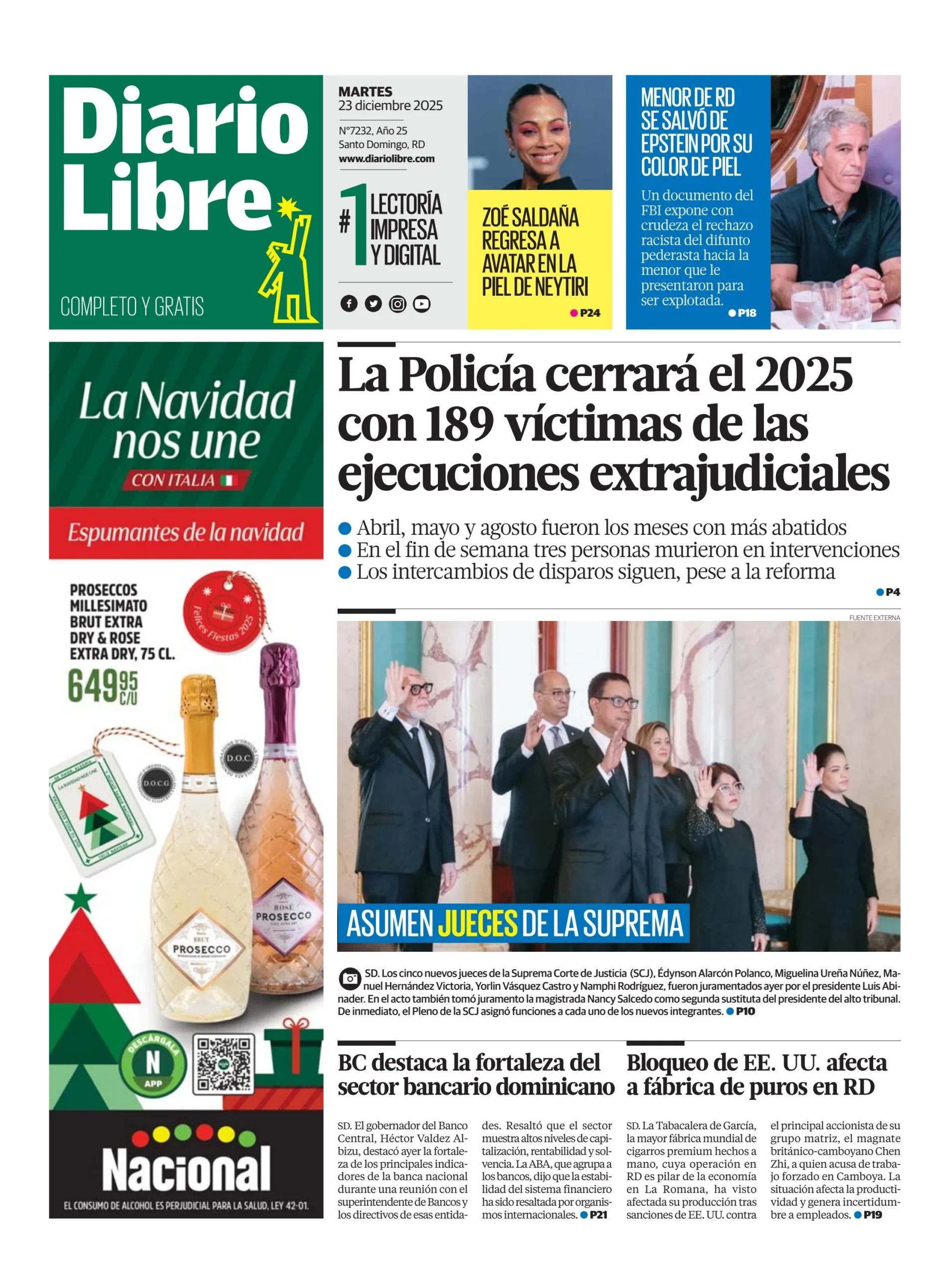 Portada Periódico Diario Libre, Martes 23, Diciembre, 2025