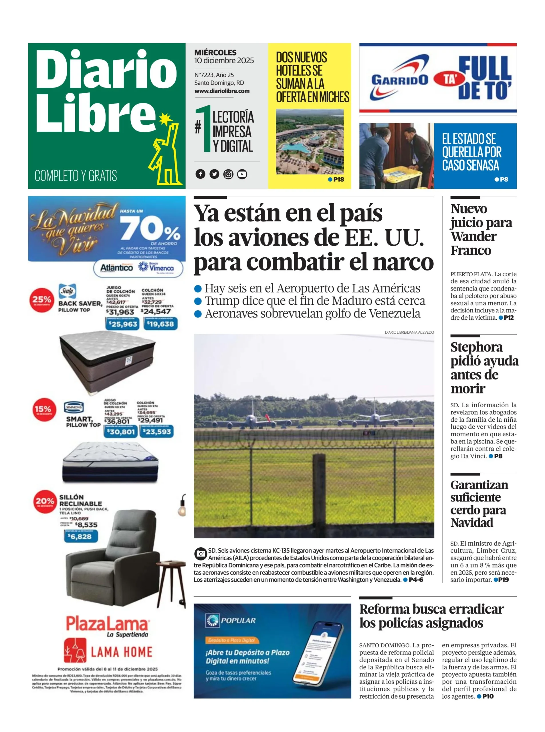 Portada Periódico Diario Libre, Miércoles 10, Diciembre, 2025