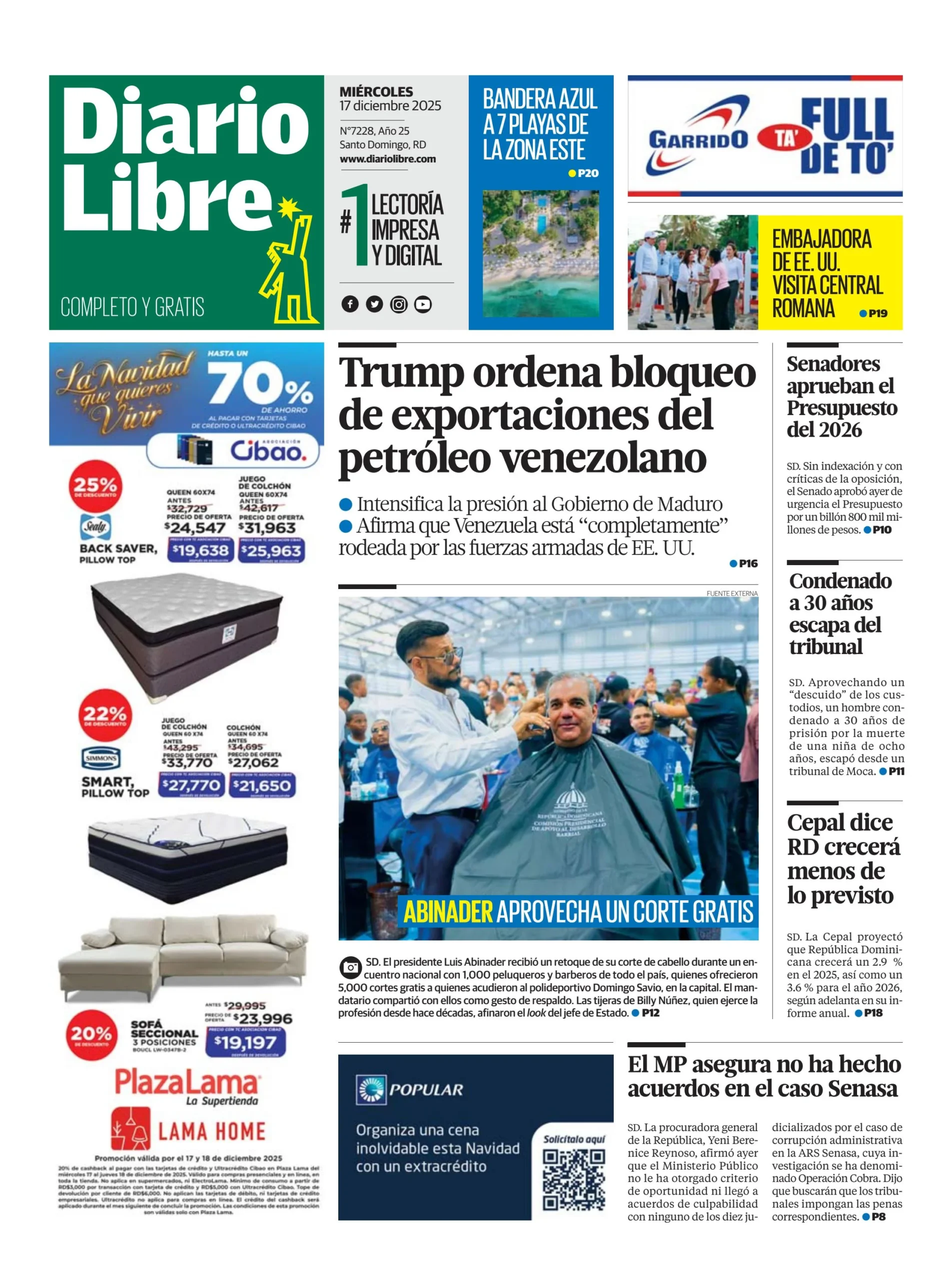 Portada Periódico Diario Libre, Miércoles 17, Diciembre, 2025
