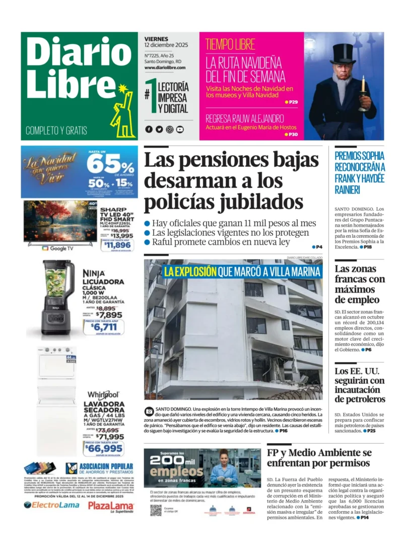 Portada Periódico Diario Libre, Viernes 12, Diciembre, 2025
