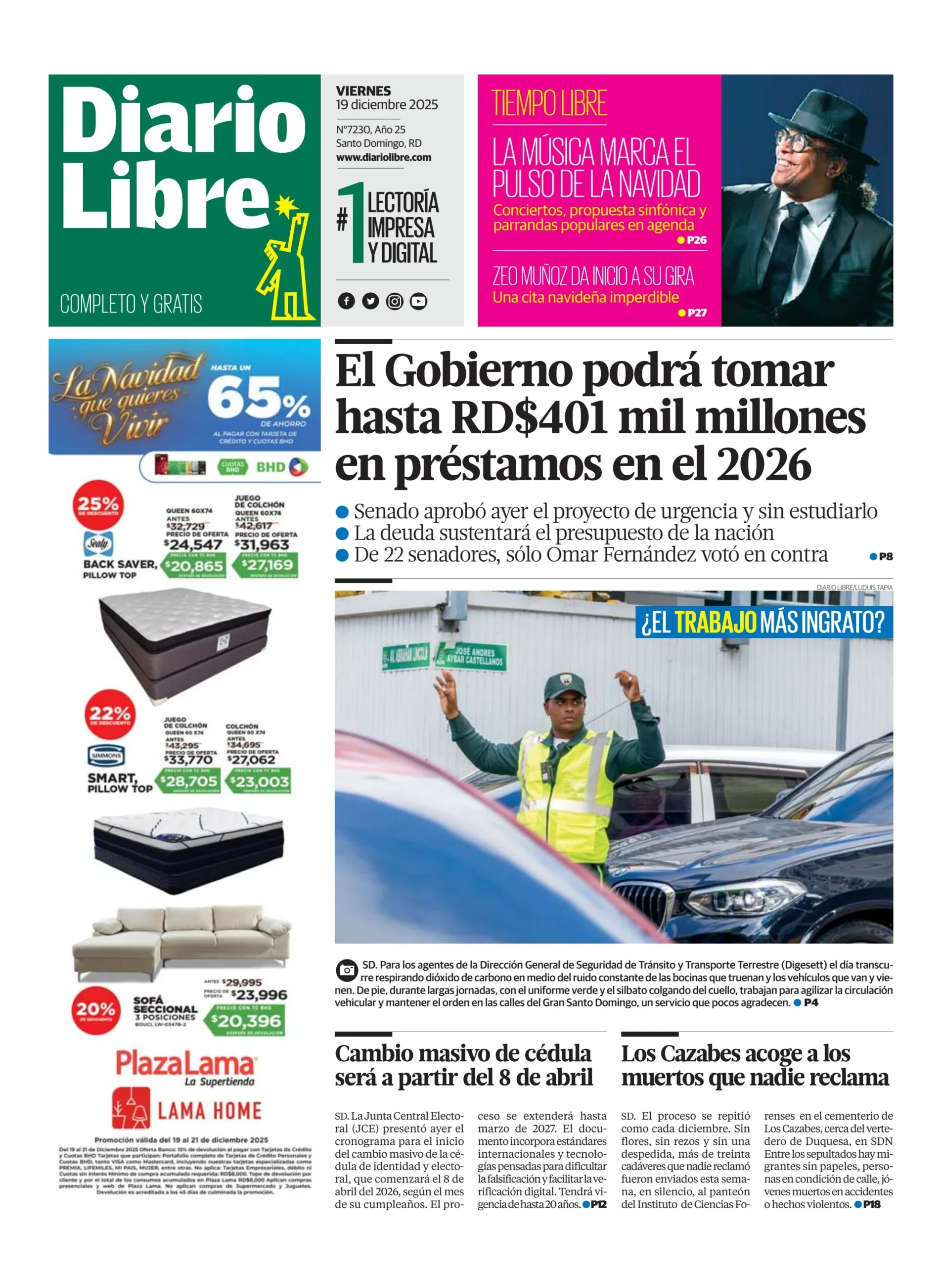 Portada Periódico Diario Libre, Viernes 19, Diciembre, 2025