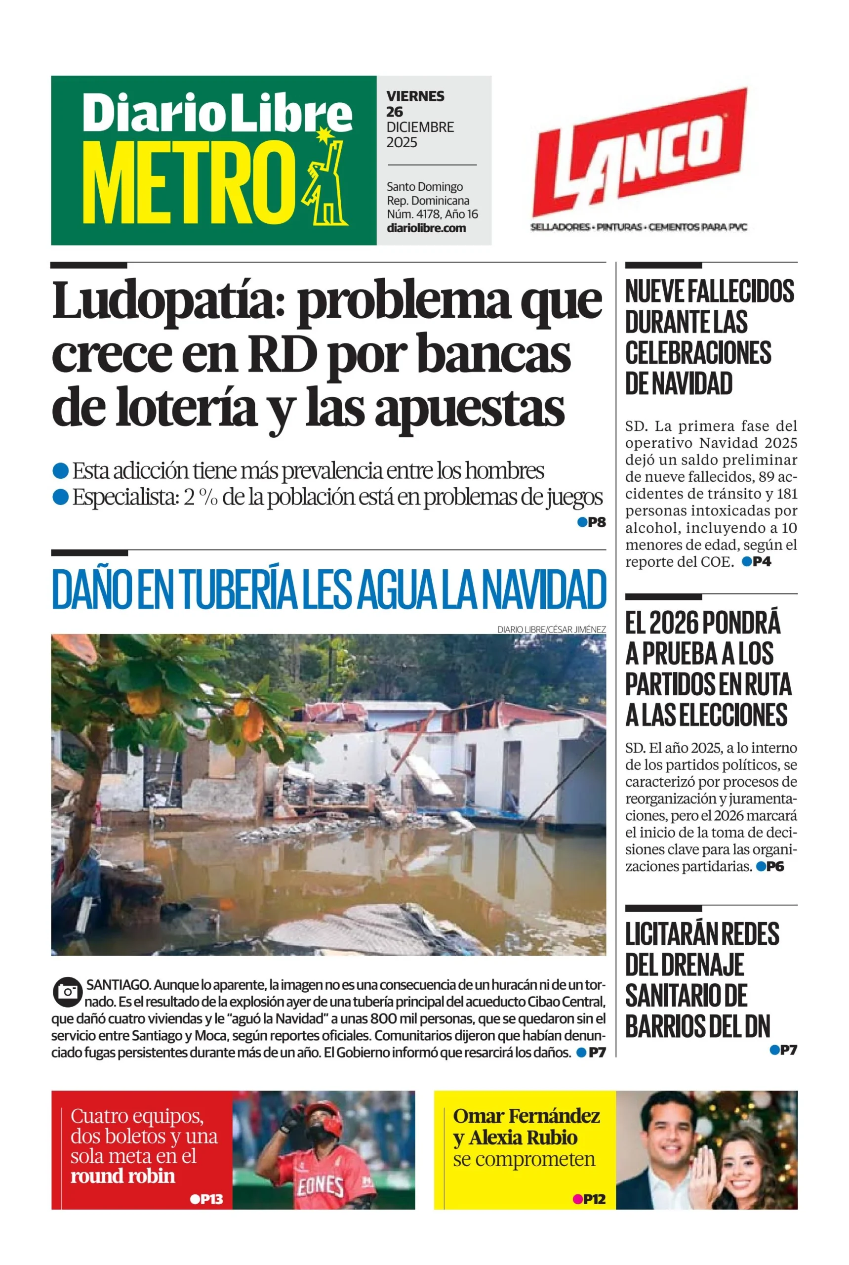 Portada Periódico Diario Libre, Viernes 26, Diciembre, 2025