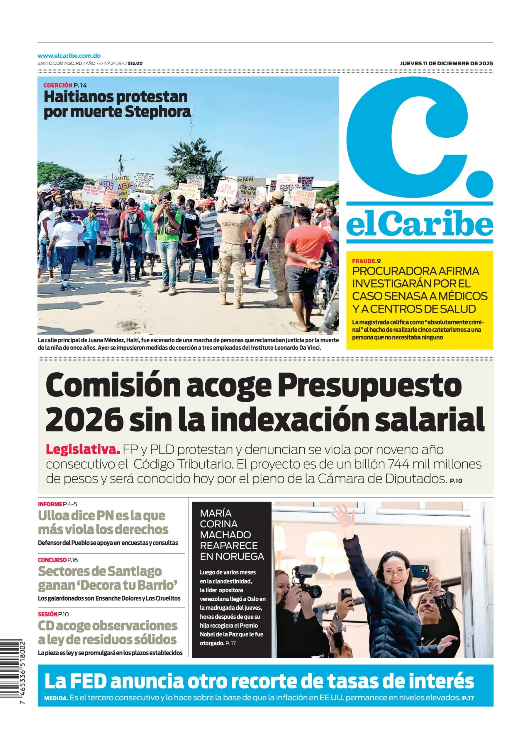 Portada Periódico El Caribe, Jueves 11, Diciembre, 2025
