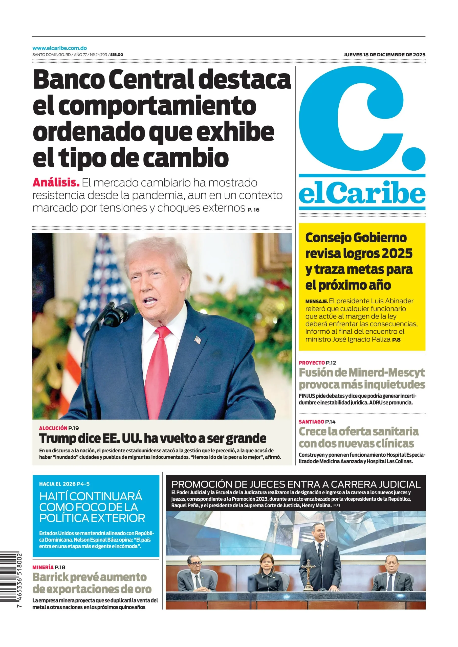 Portada Periódico El Caribe, Jueves 18, Diciembre, 2025