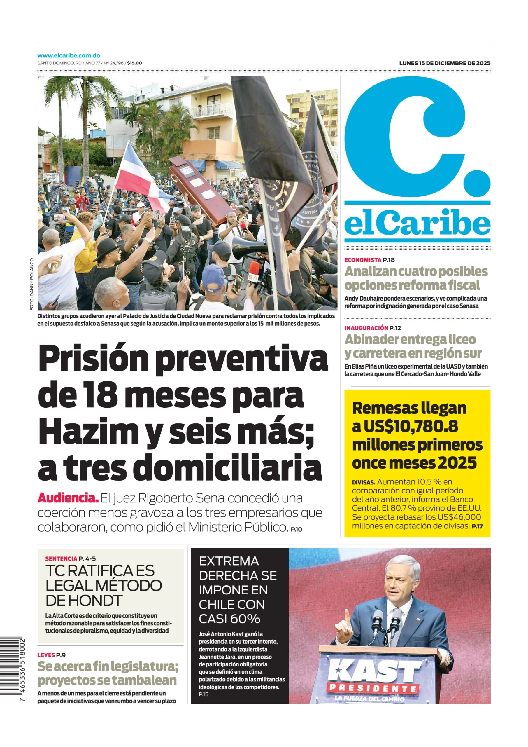 Portada Periódico El Caribe, Lunes 15, Diciembre, 2025