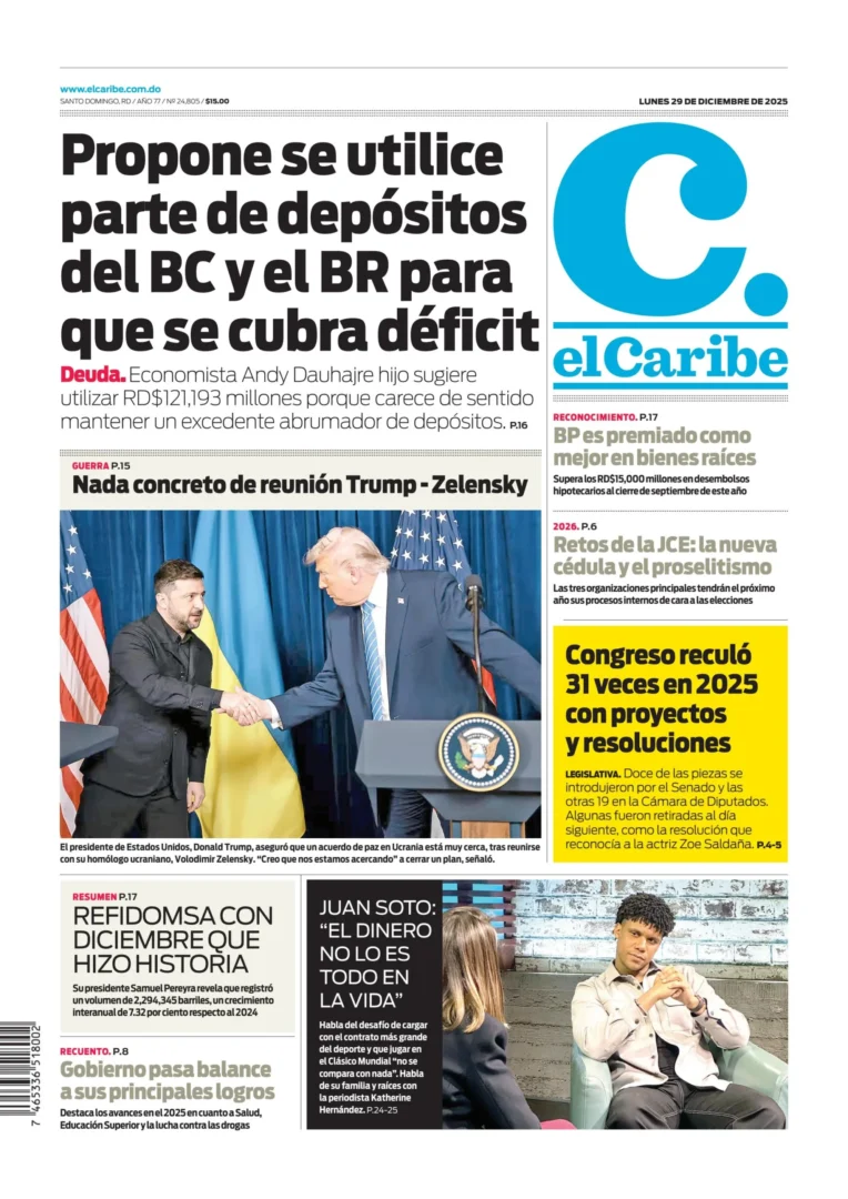 Portada Periódico El Caribe, Lunes 29, Diciembre, 2025