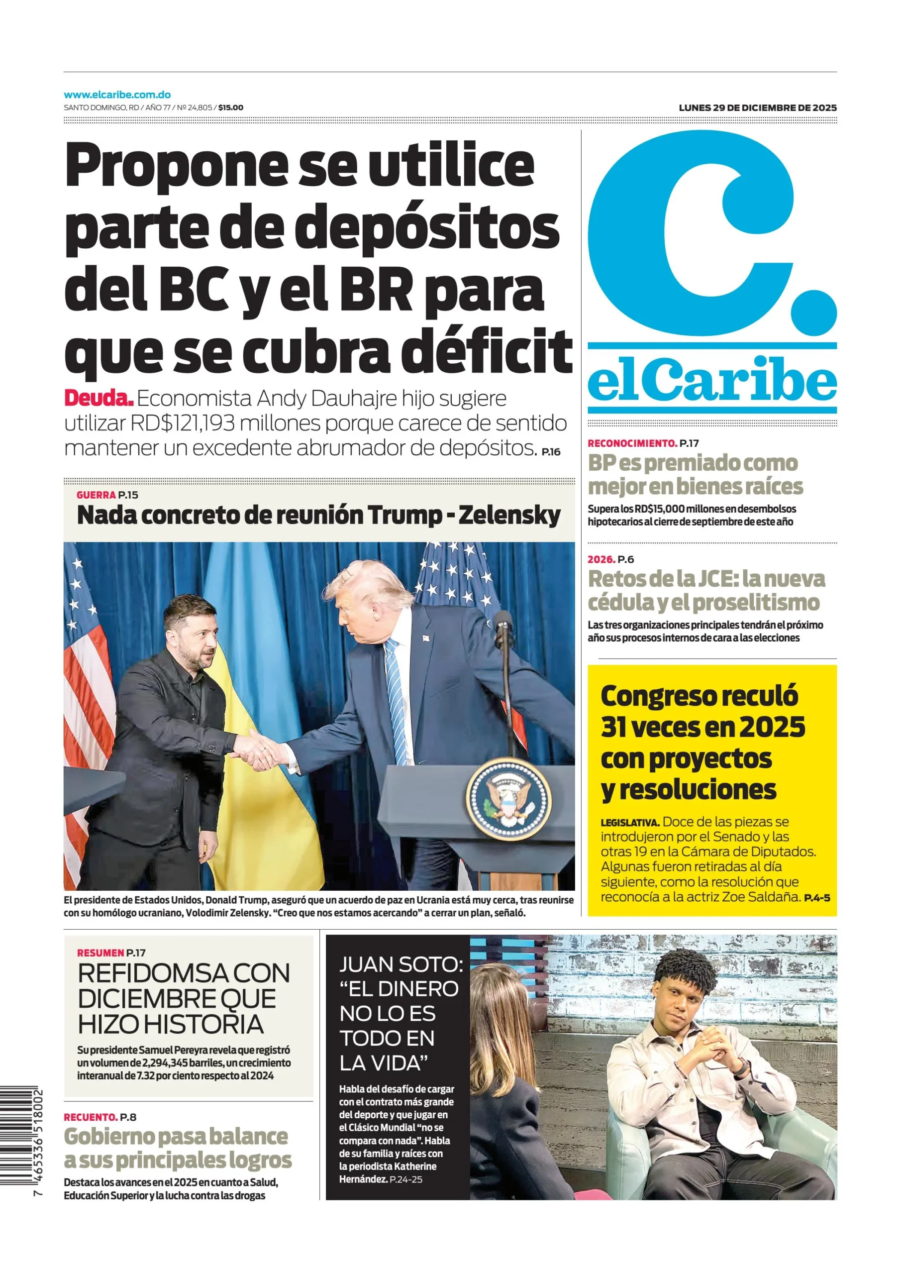 Portada Periódico El Caribe, Lunes 29, Diciembre, 2025
