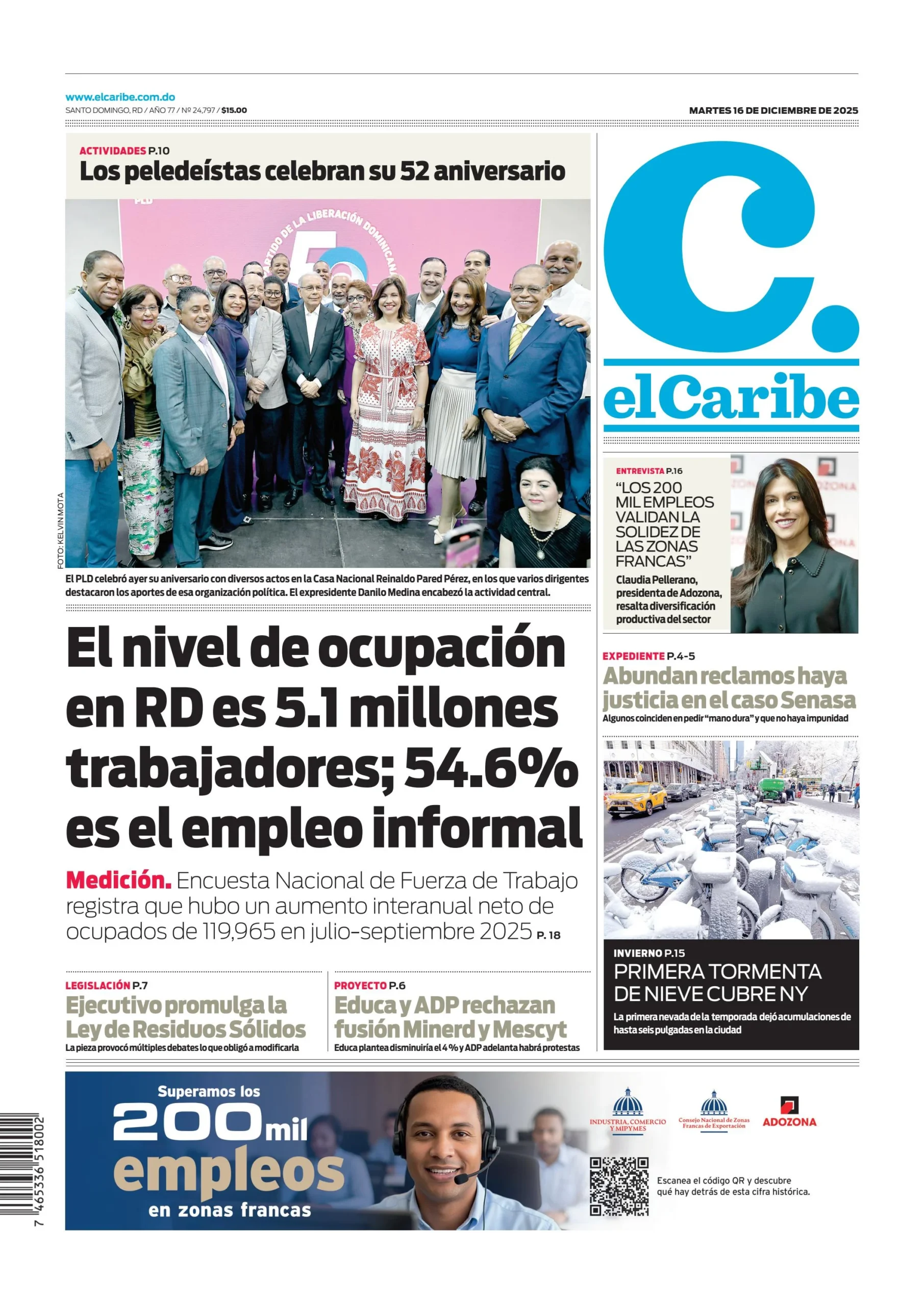 Portada Periódico El Caribe, Martes 16, Diciembre, 2025