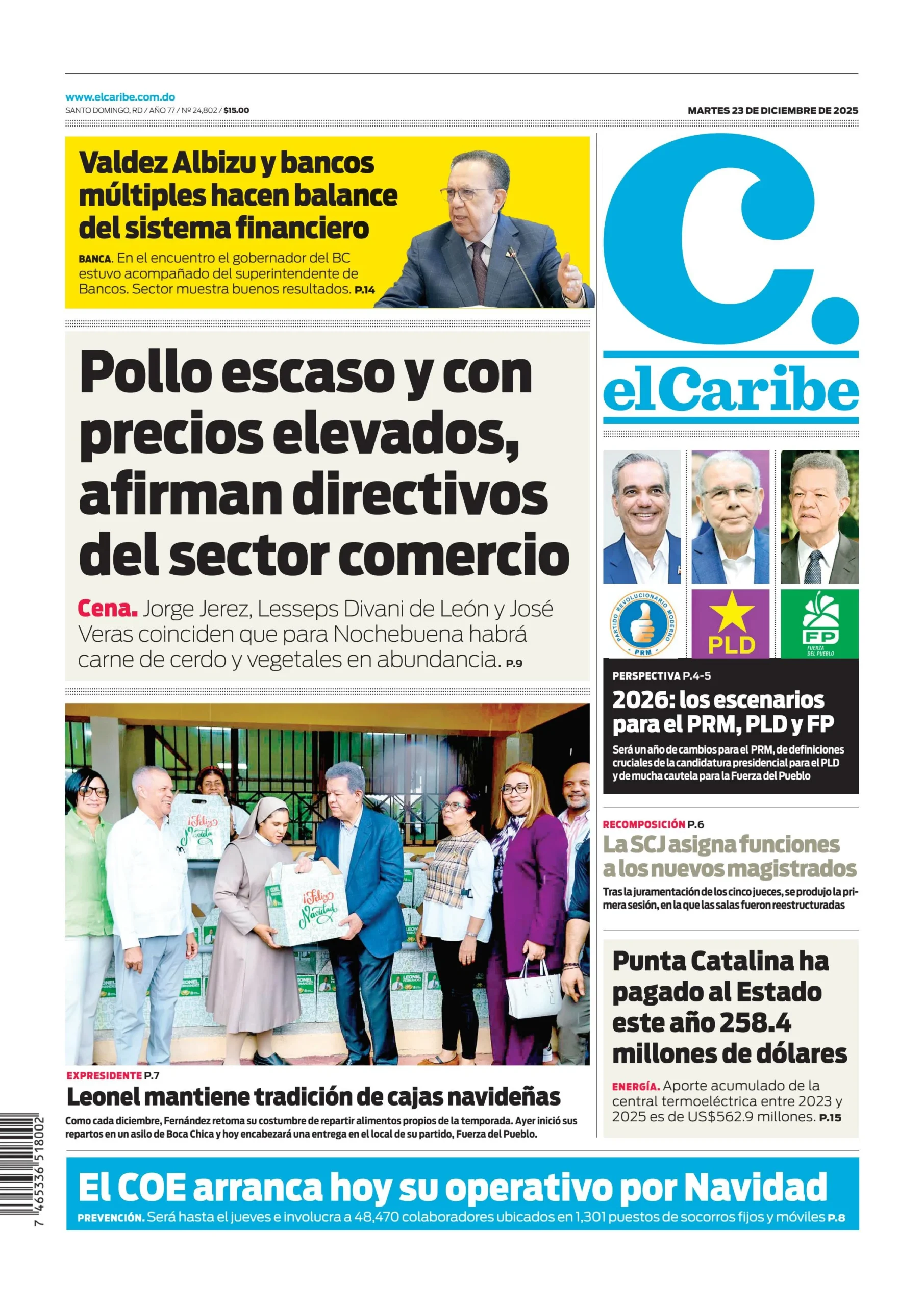 Portada Periódico El Caribe, Martes 23, Diciembre, 2025