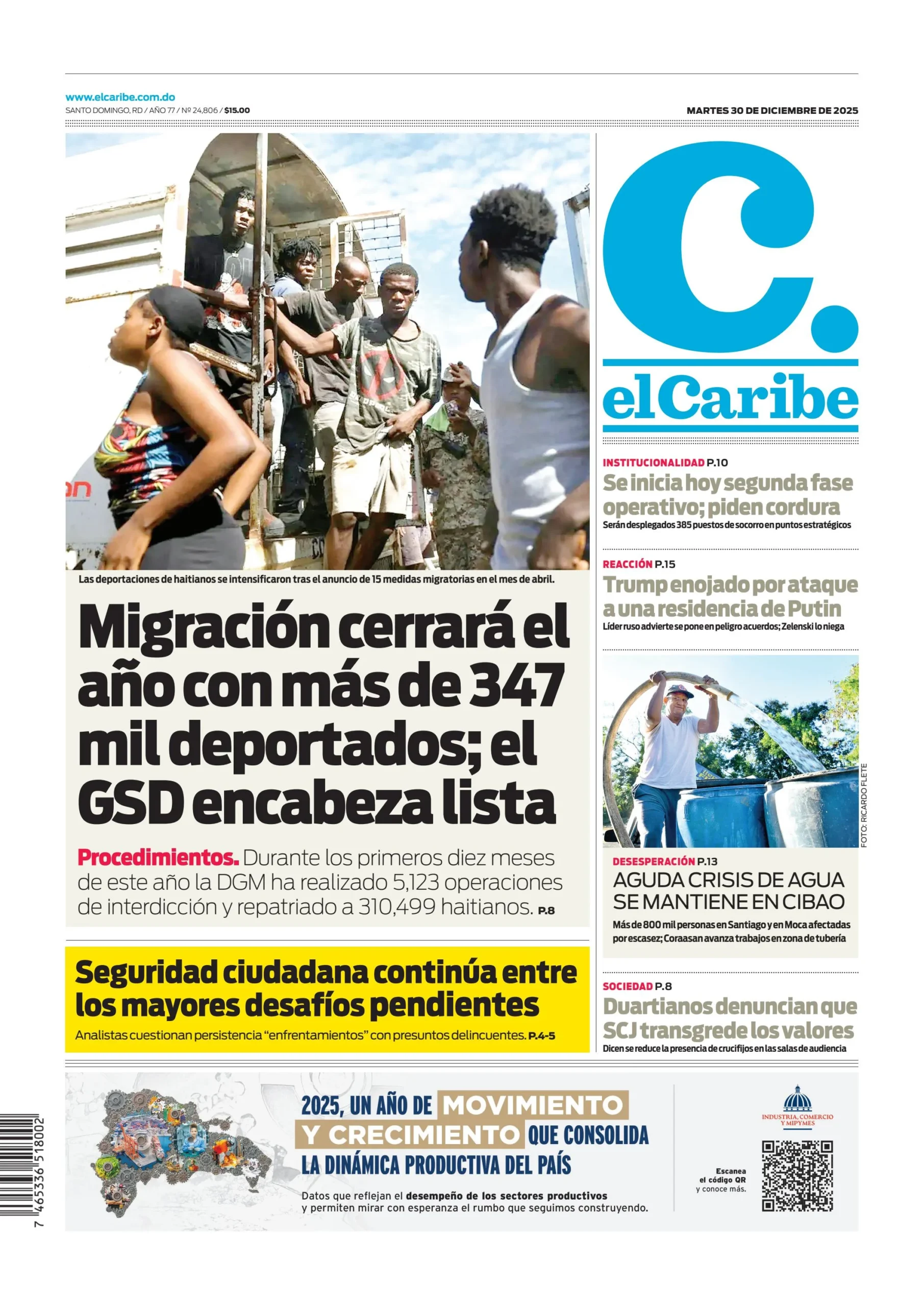 Portada Periódico El Caribe, Martes 30, Diciembre, 2025