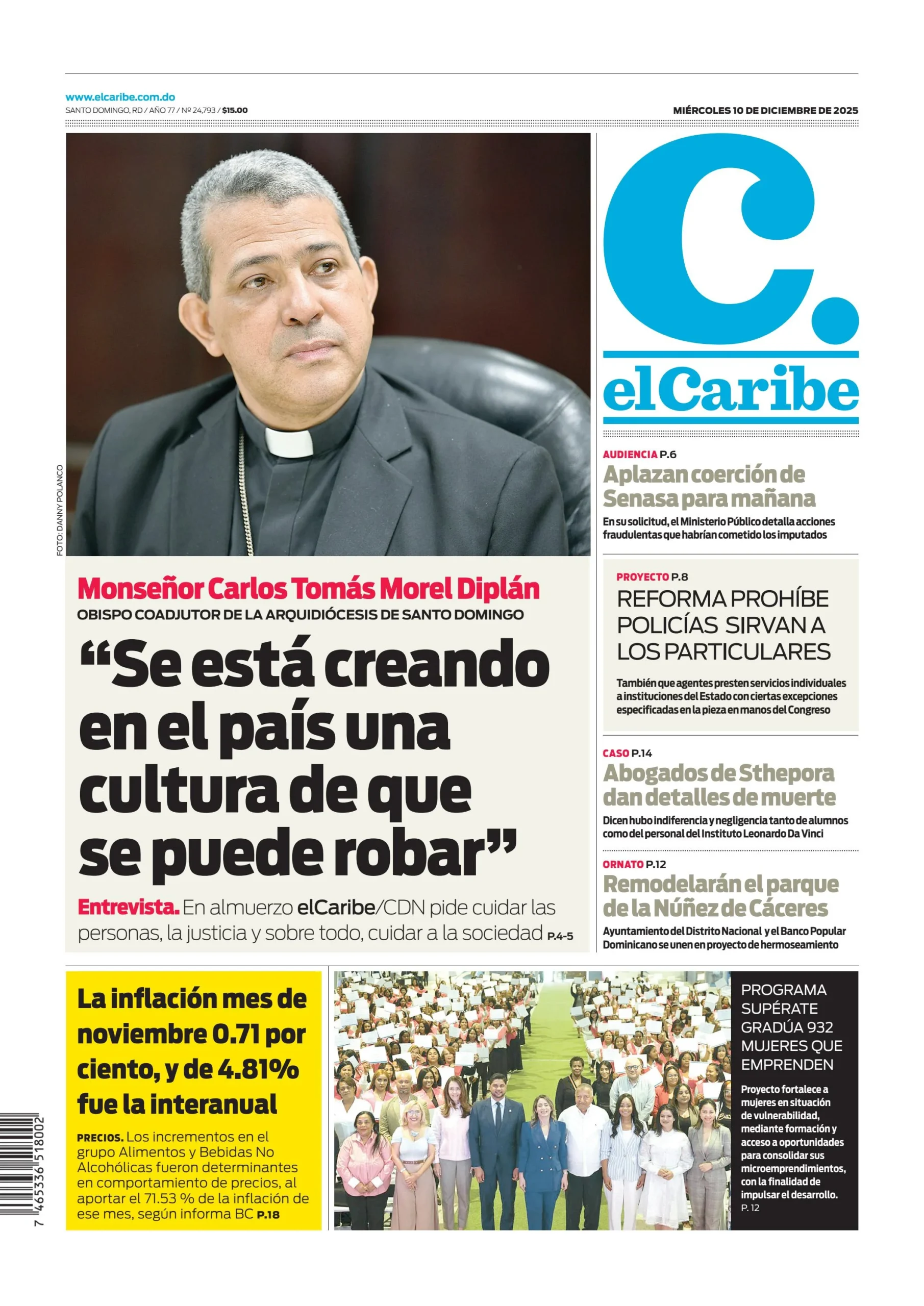 Portada Periódico El Caribe, Miércoles 10, Diciembre, 2025