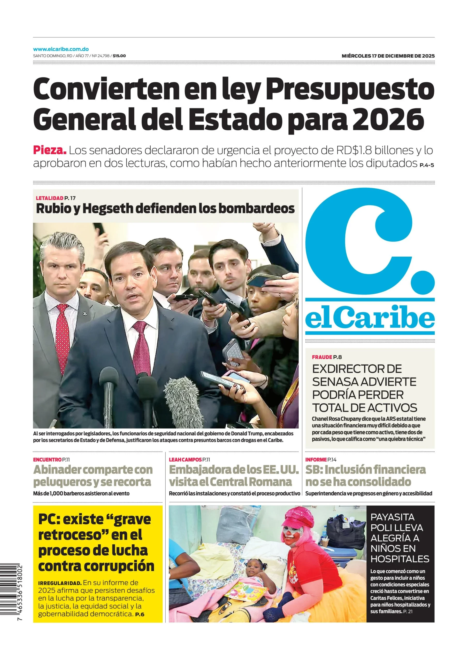 Portada Periódico El Día, Miércoles 17, Diciembre, 2025