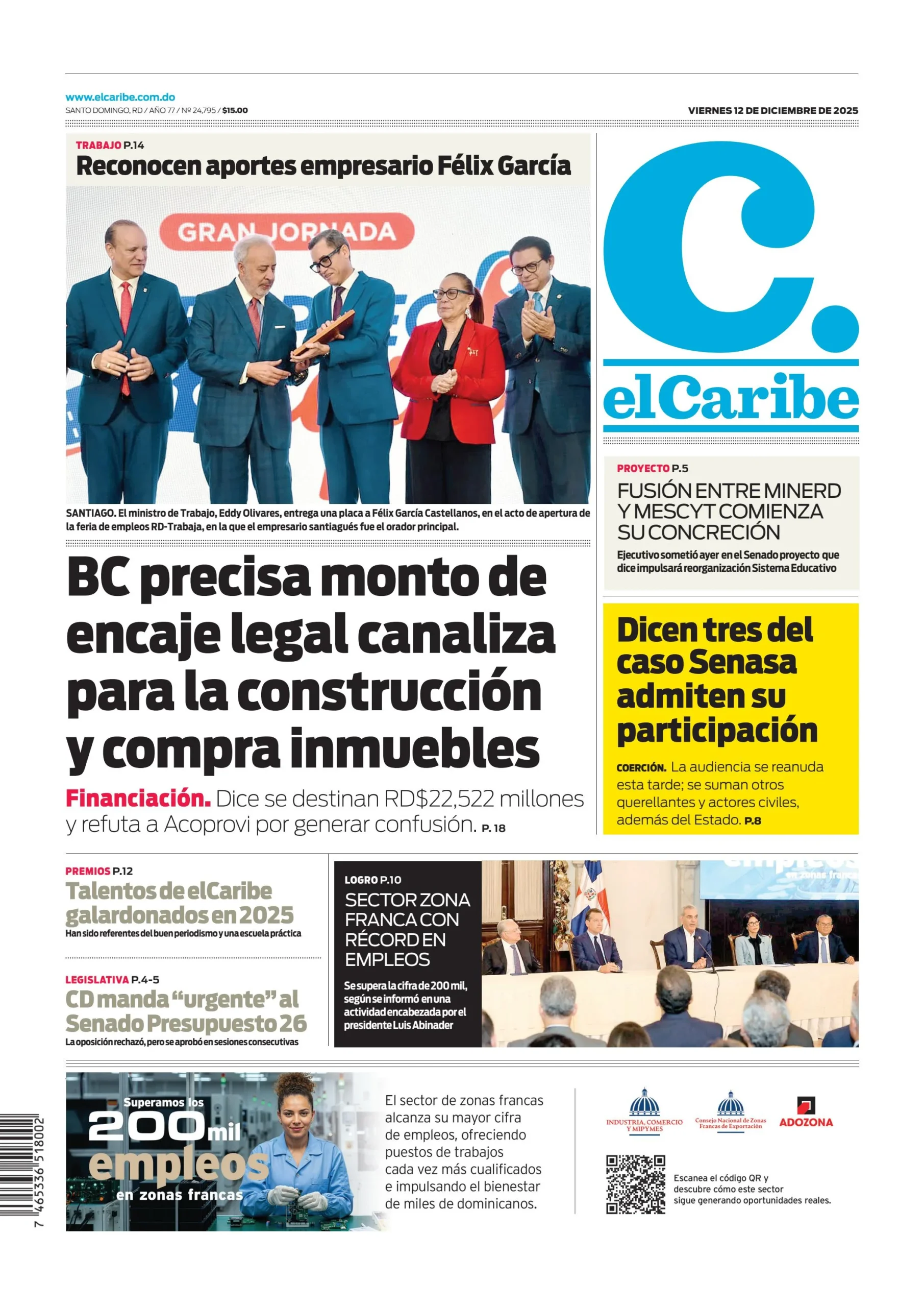 Portada Periódico El Caribe, Viernes 12, Diciembre, 2025