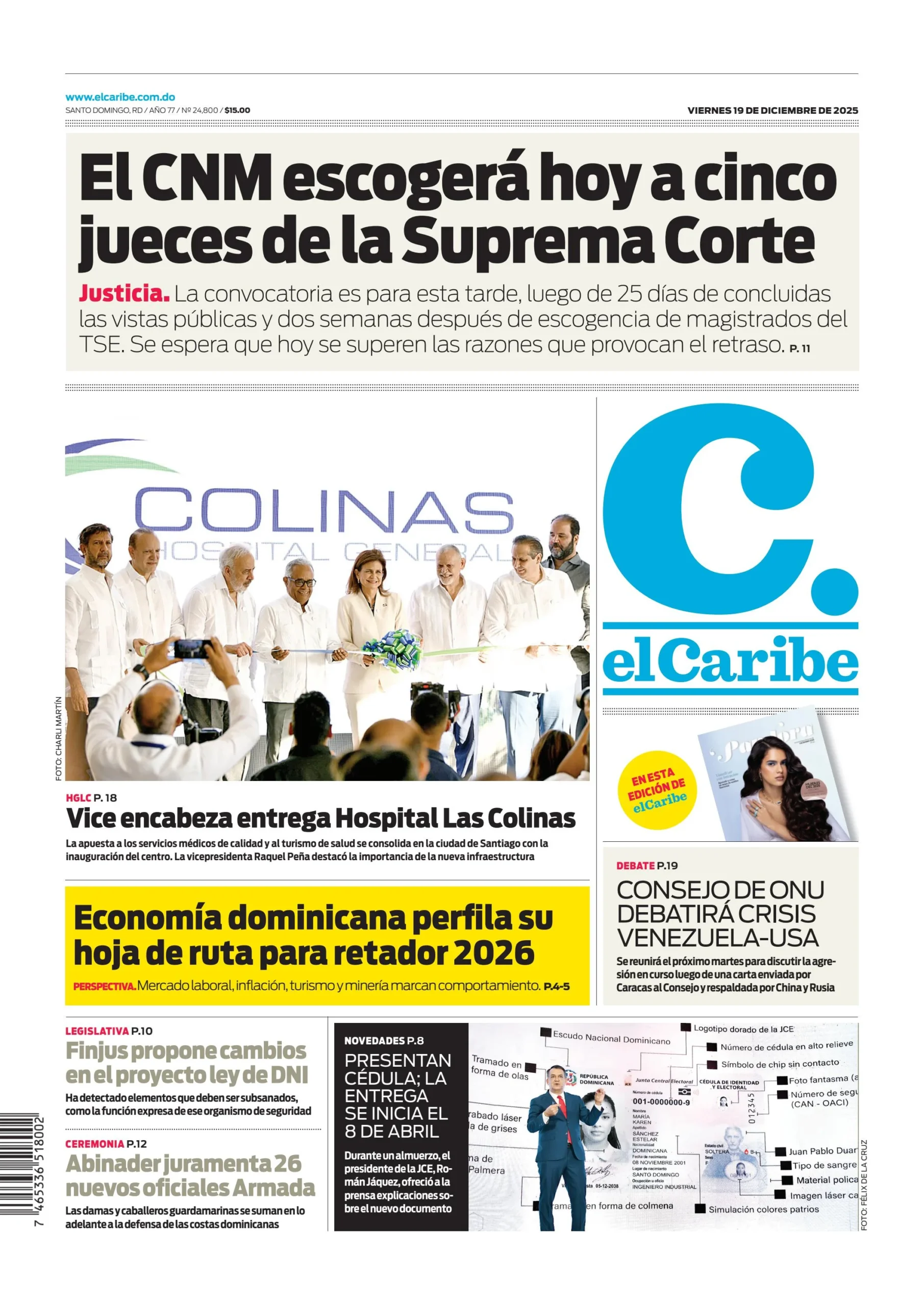 Portada Periódico El Caribe, Viernes 19, Diciembre, 2025
