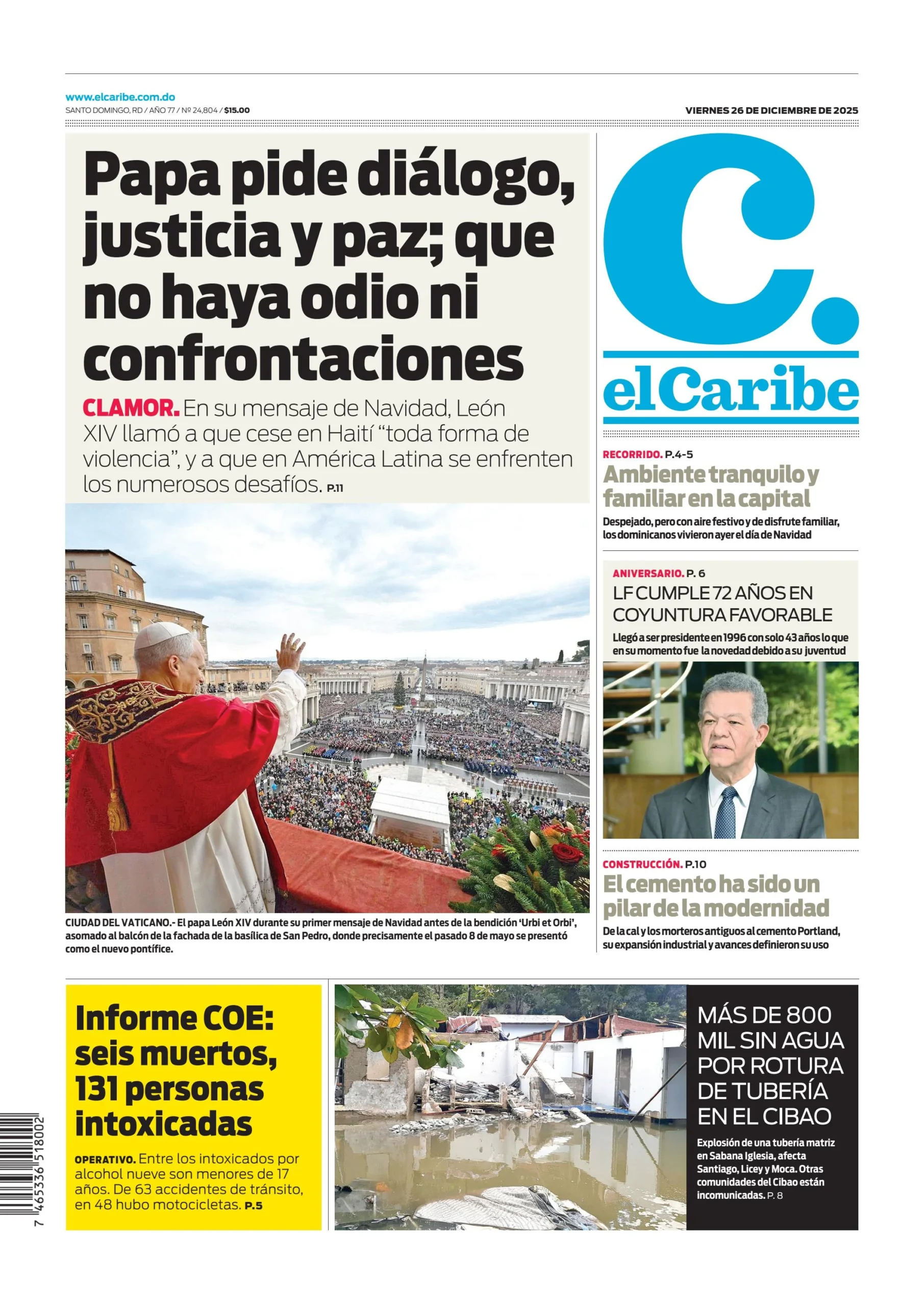 Portada Periódico El Caribe, Viernes 26, Diciembre, 2025