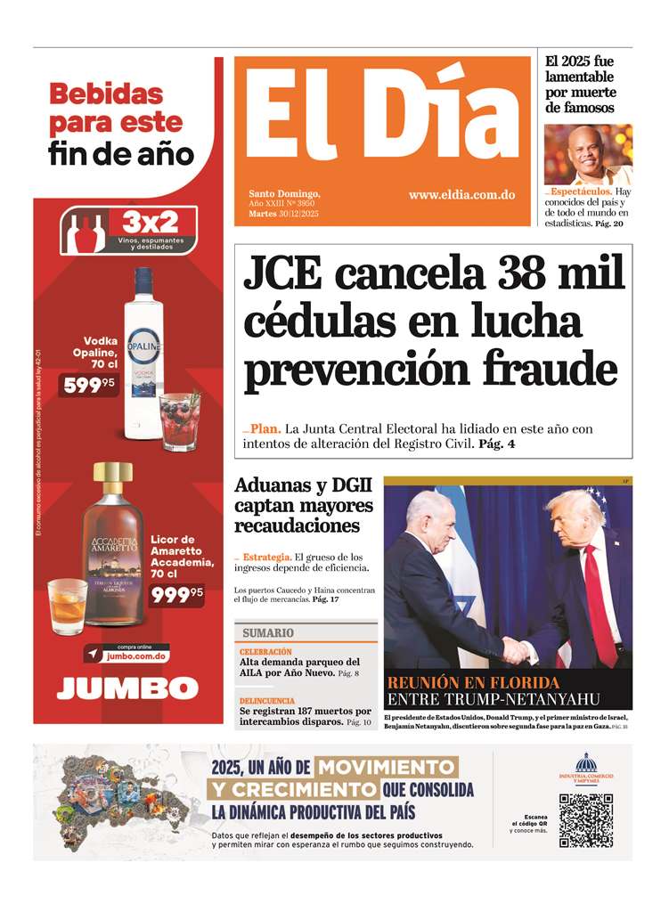 Portada Periódico El Día, Martes 30, Diciembre, 2025