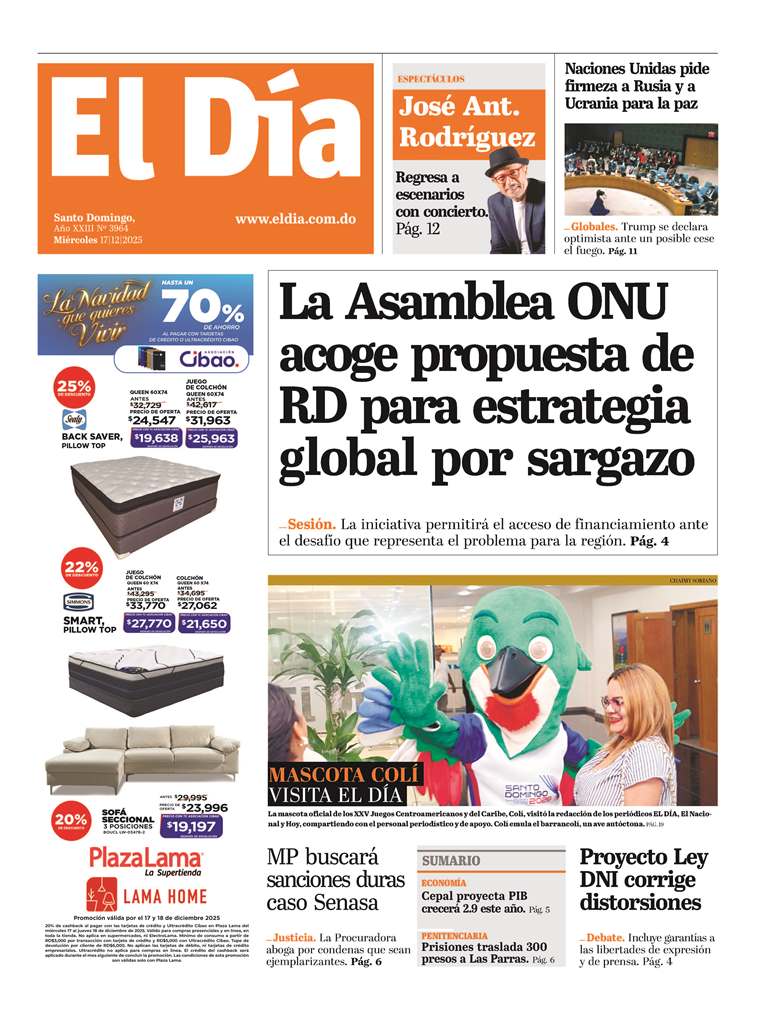 Portada Periódico El Día, Miércoles 17, Diciembre, 2025