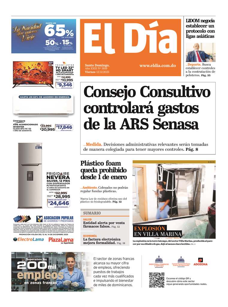 Portada Periódico El Día, Viernes 12, Diciembre, 2025