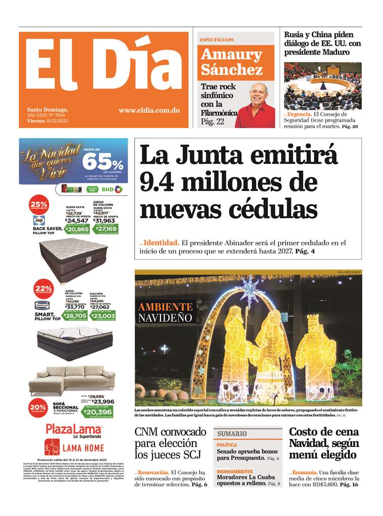 Portada Periódico El Día, Viernes 19, Diciembre, 2025