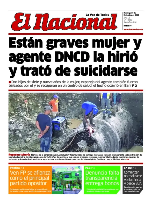 Portada Periódico El Nacional, Domingo 28, Diciembre, 2025