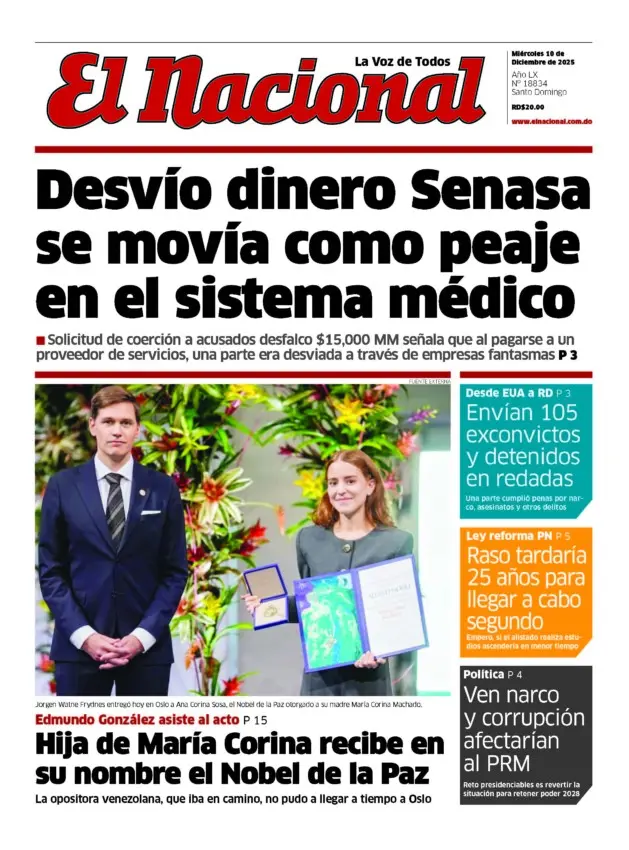 Portada Periódico El Nacional, Miércoles 10, Diciembre, 2025
