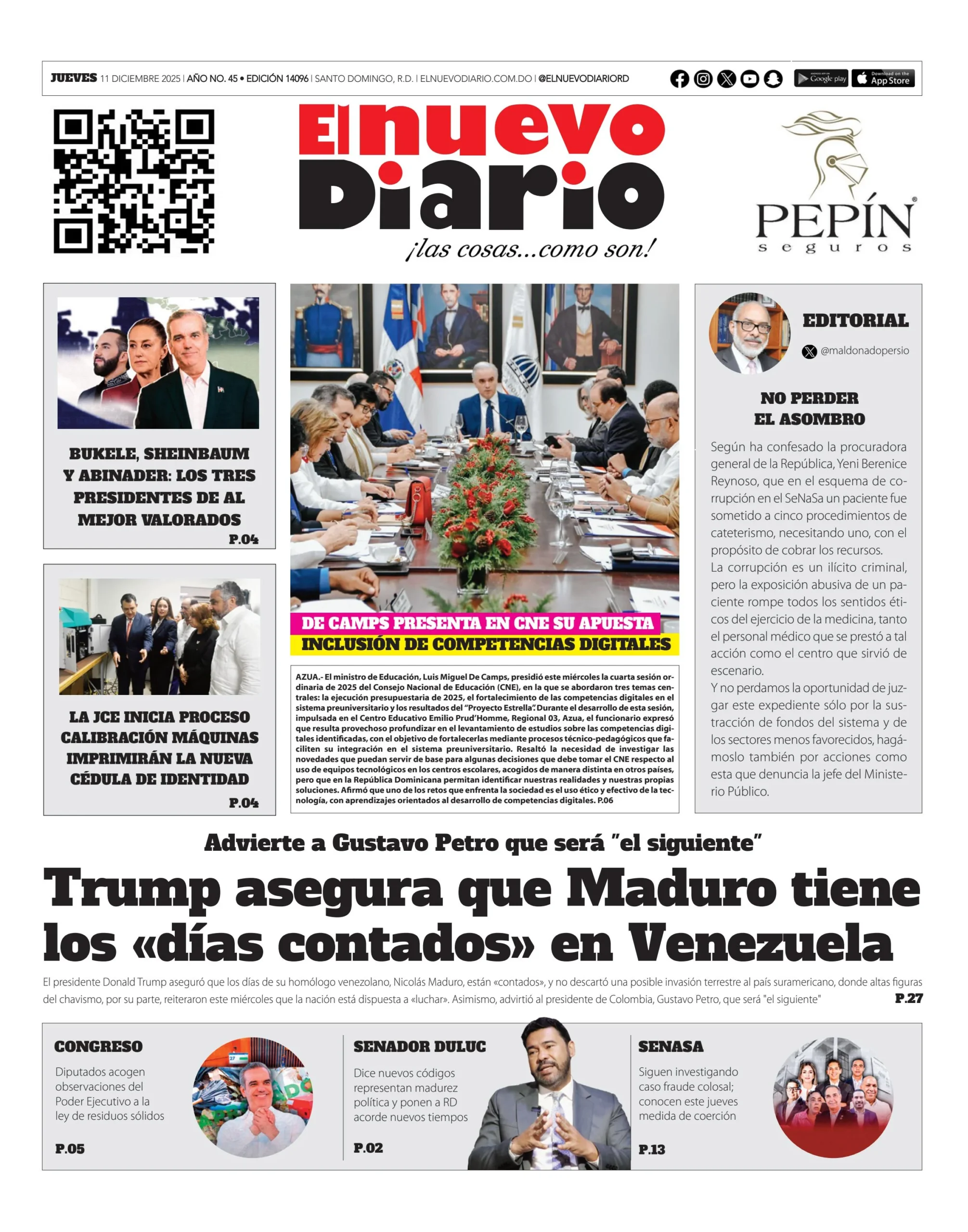 Portada Periódico El Nuevo Diario, Jueves 11, Diciembre, 2025