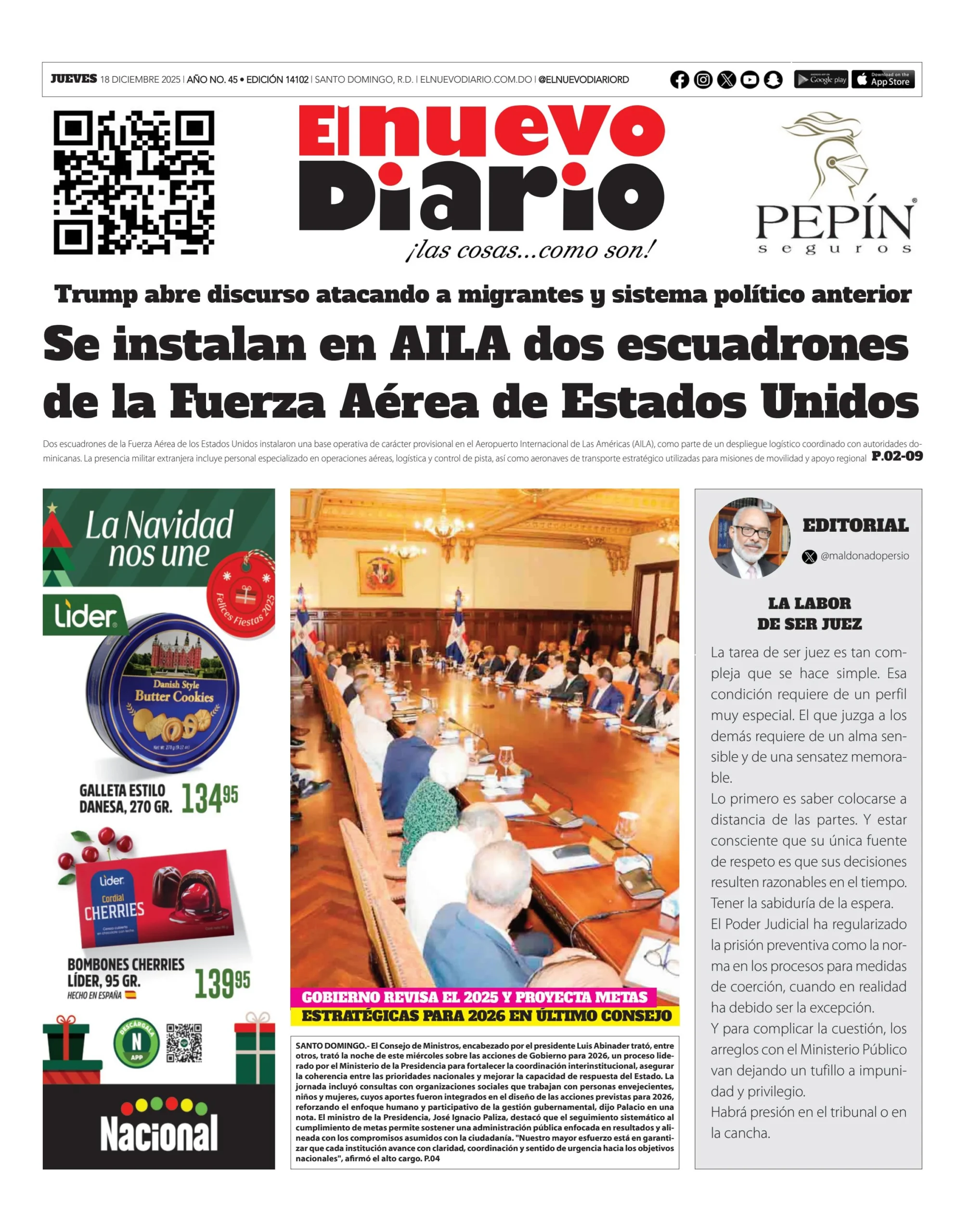 Portada Periódico El Nuevo Diario, Jueves 18, Diciembre, 2025