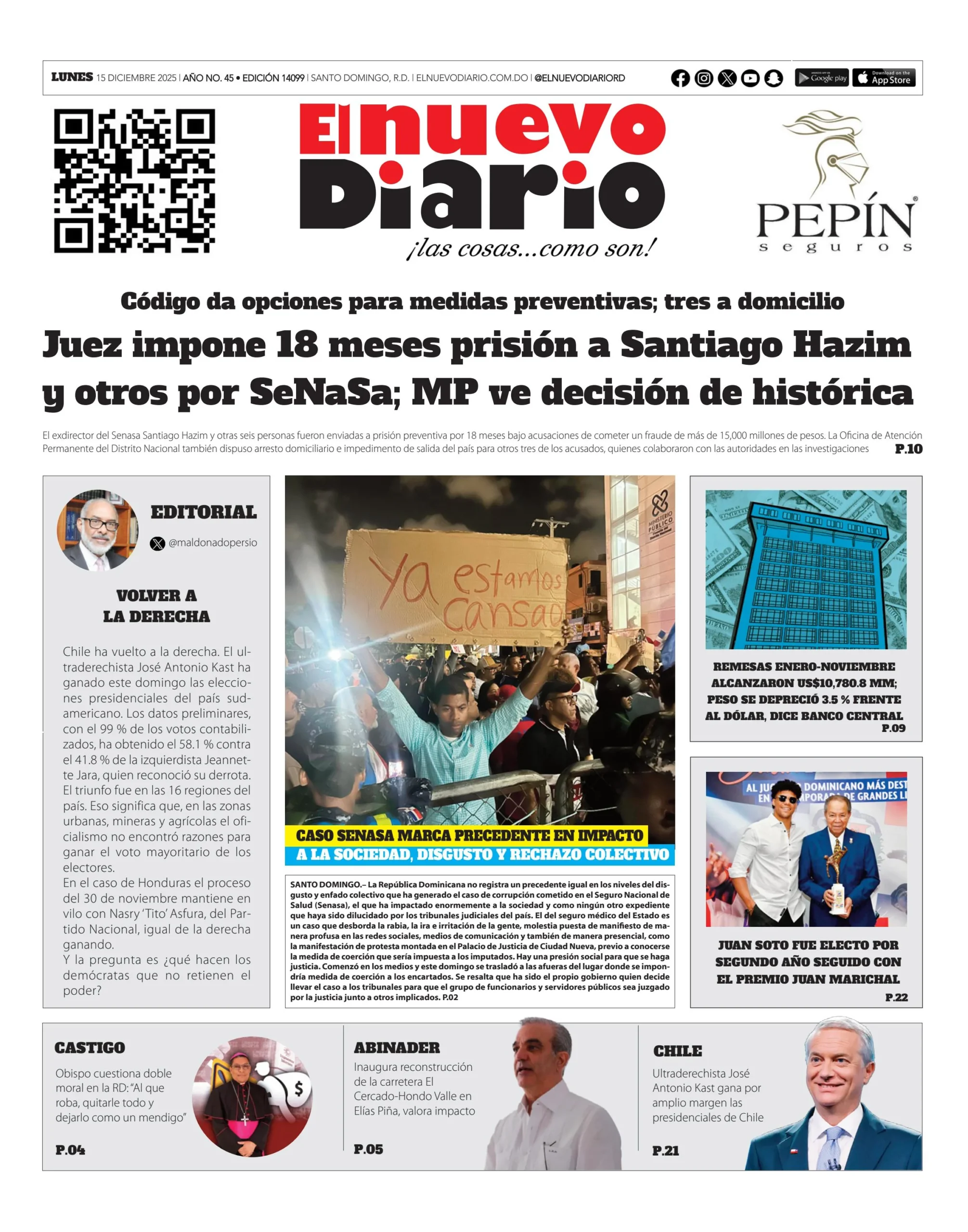 Portada Periódico El Nuevo Diario, Lunes 15, Diciembre, 2025