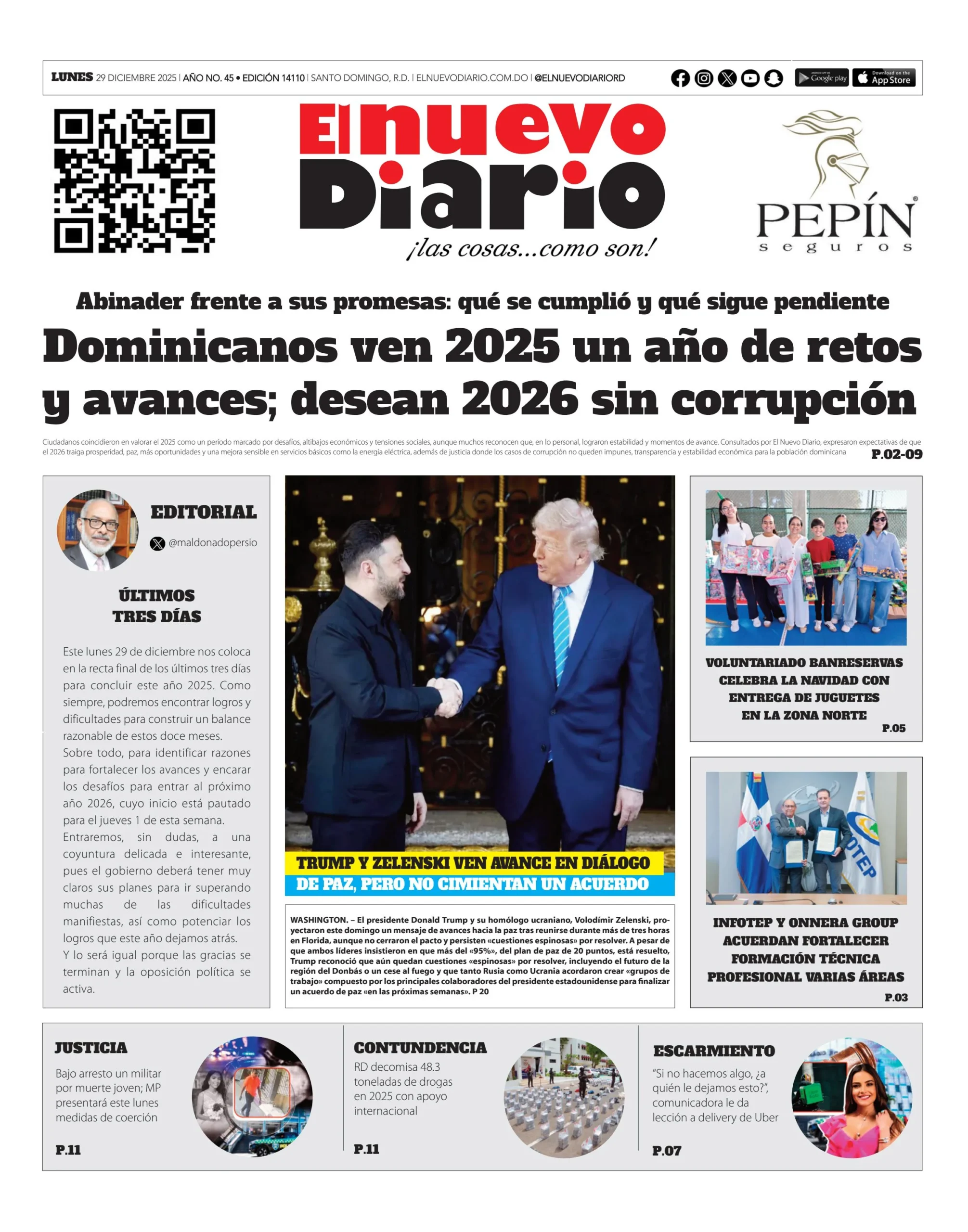 Portada Periódico El Nuevo Diario, Lunes 29, Diciembre, 2025