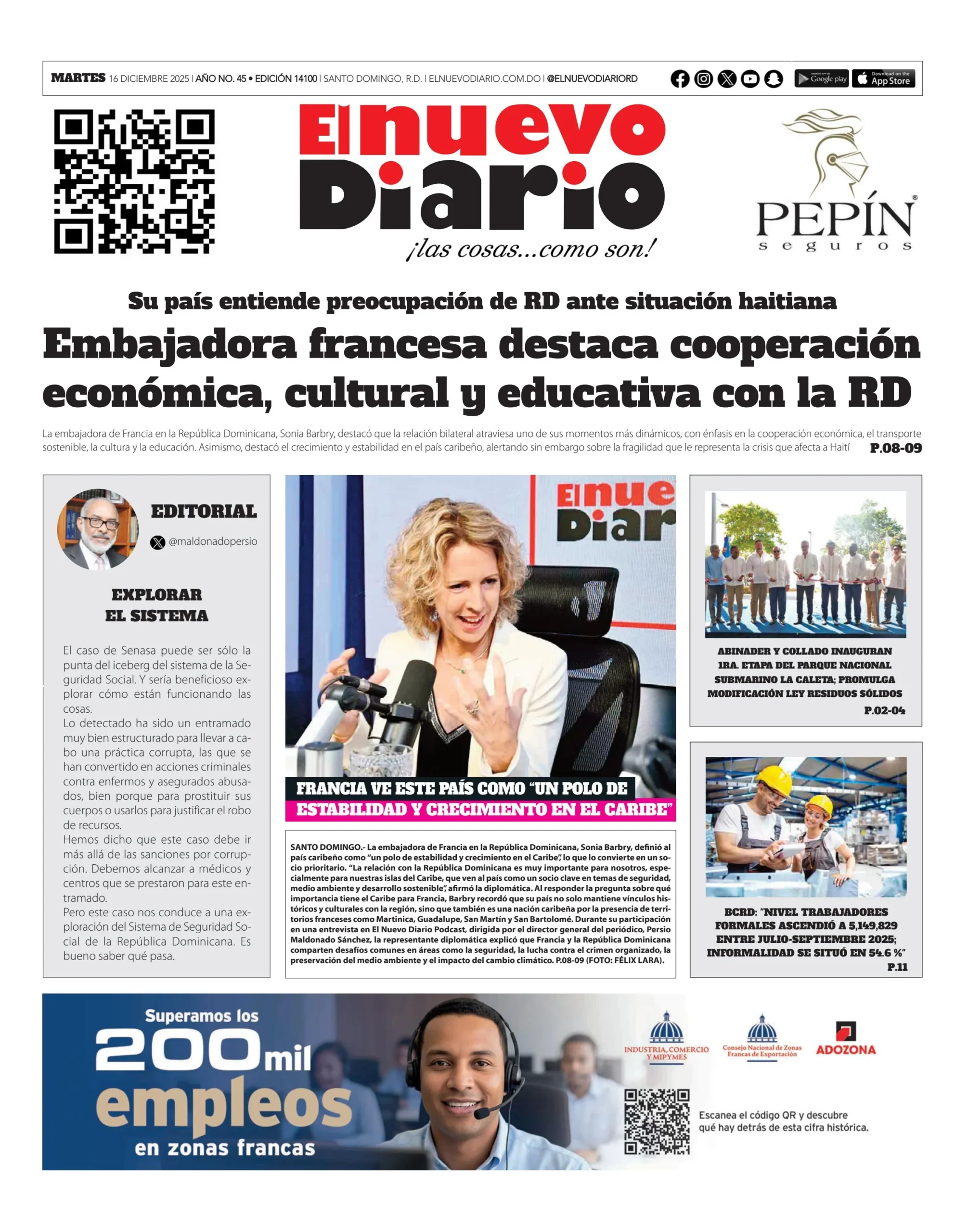 Portada Periódico El Nuevo Diario, Martes 16, Diciembre, 2025