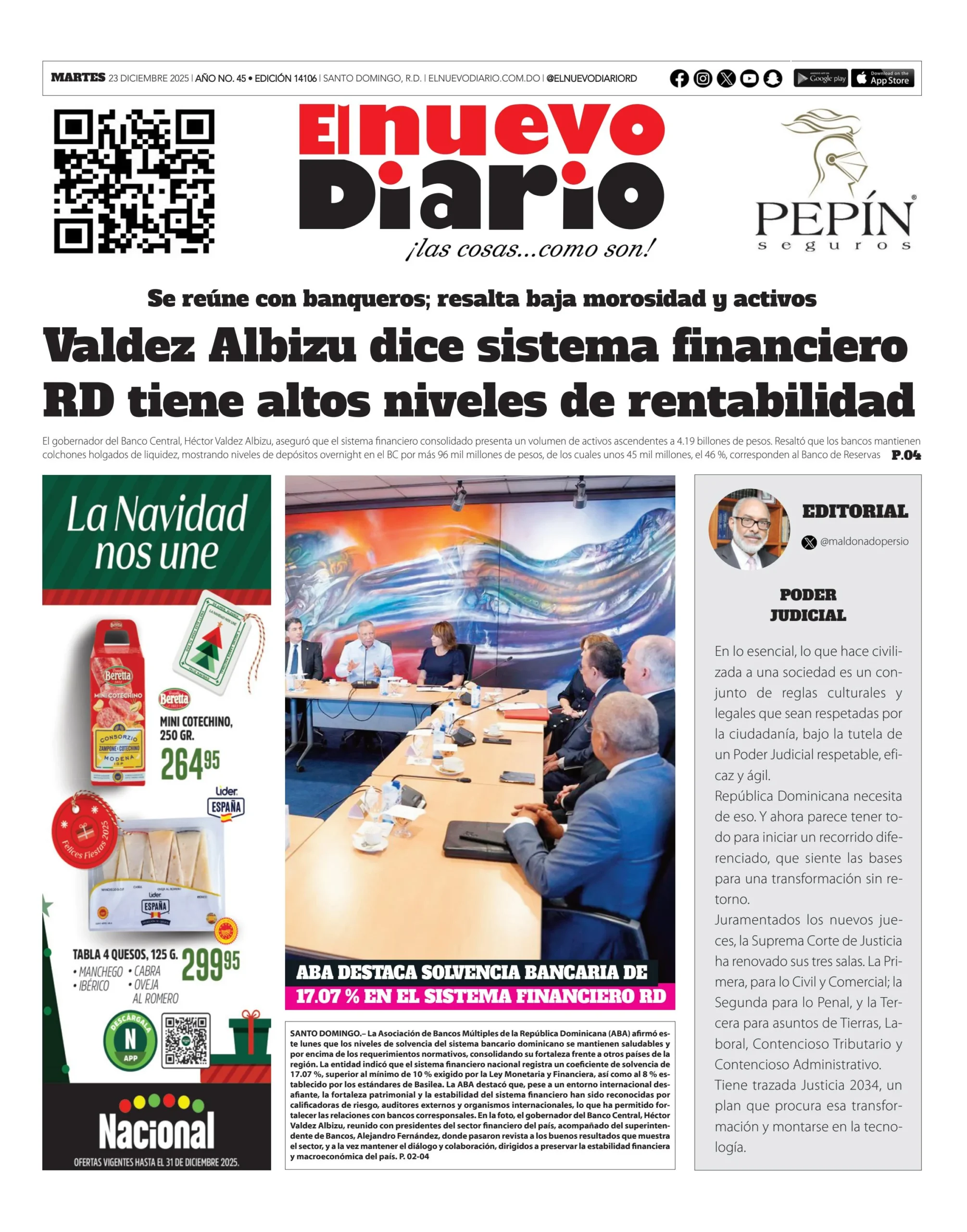 Portada Periódico El Nuevo Diario, Martes 23, Diciembre, 2025